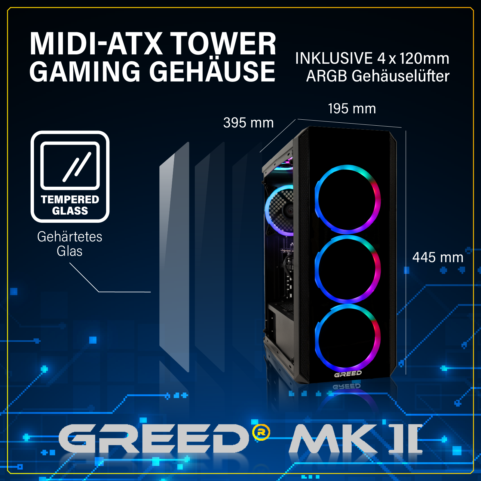 Torre Midi ATX para juegos con ventiladores ARGB y vidrio templado sobre fondo azul con dimensiones.
