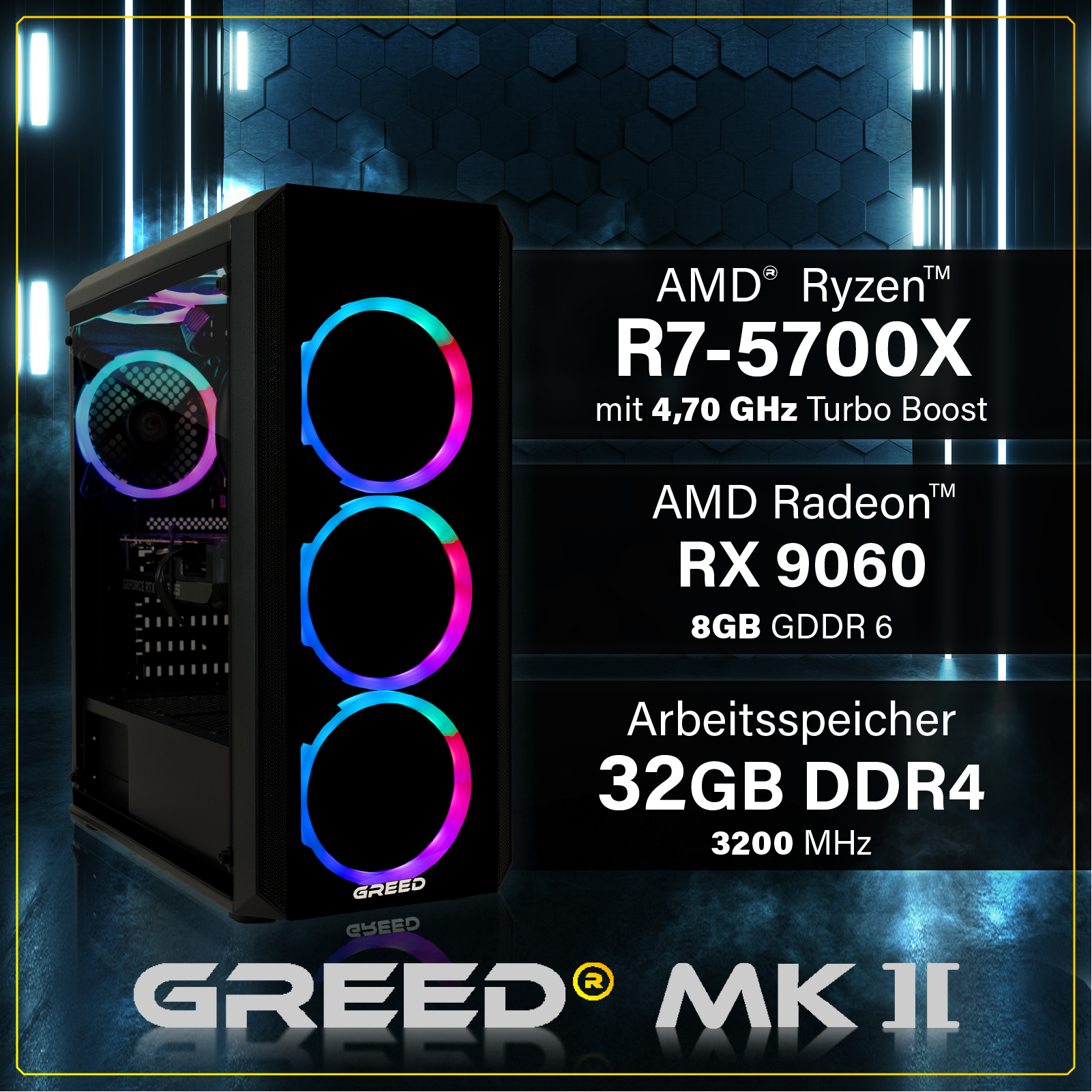 PC de juegos negro con ventiladores RGB frente a un fondo azul y especificaciones técnicas.