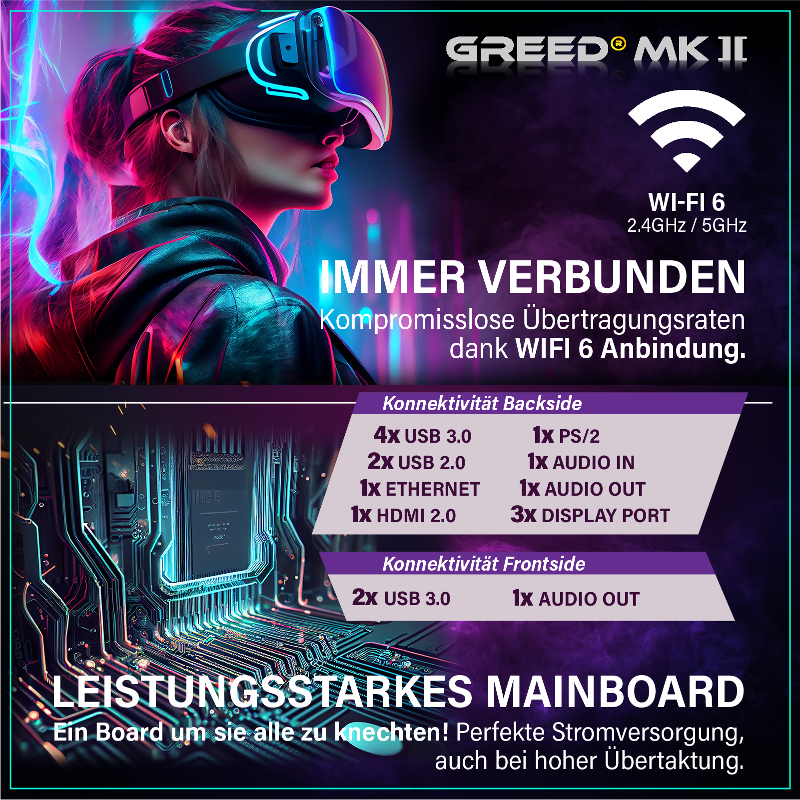 Anuncio de Greed MK II con gafas VR y especificaciones de placa base en fondo oscuro.