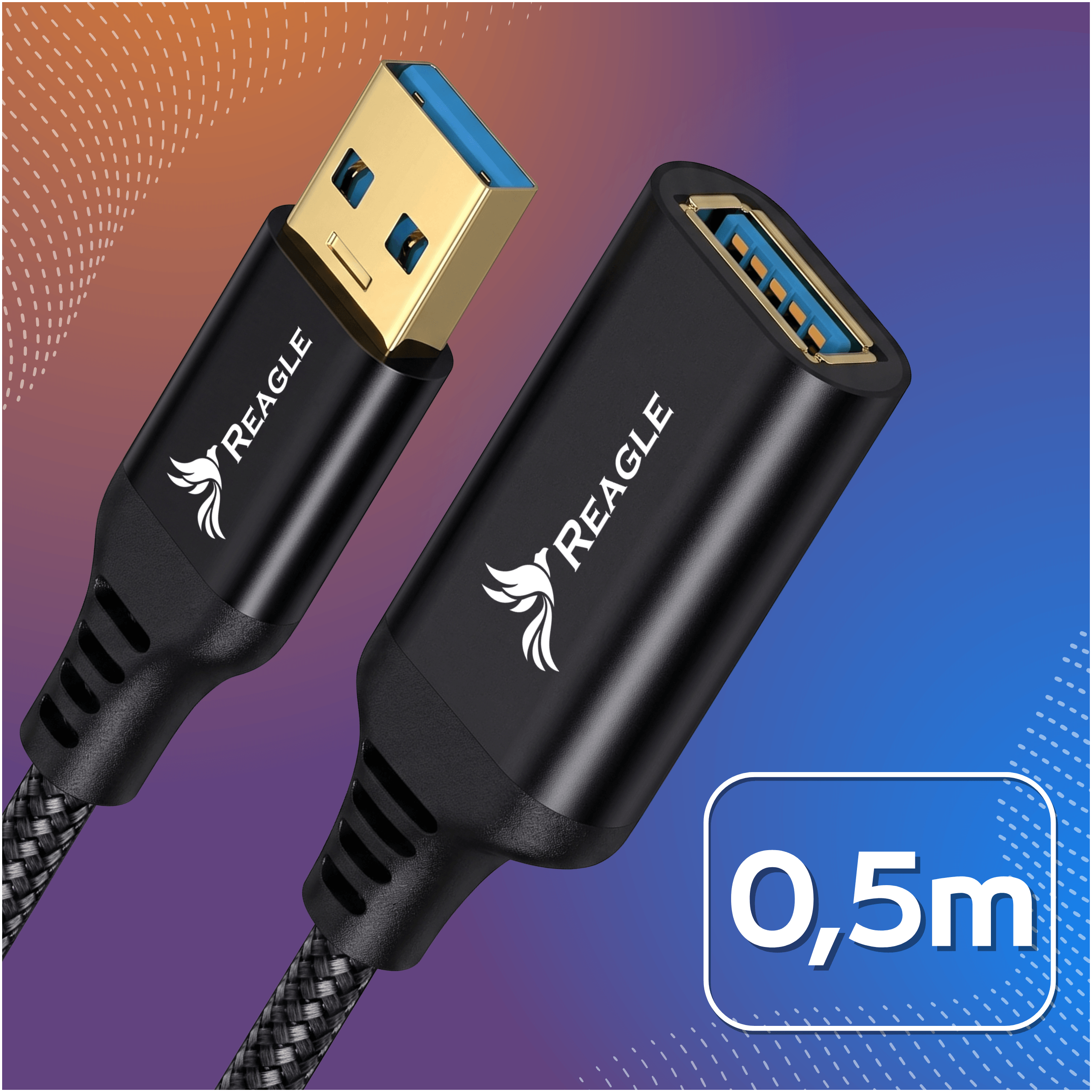 Ein Reagle USB 3.0 Verlängerungskabel mit goldenen Steckern auf blau-violettem Hintergrund und der Angabe 0,5m.