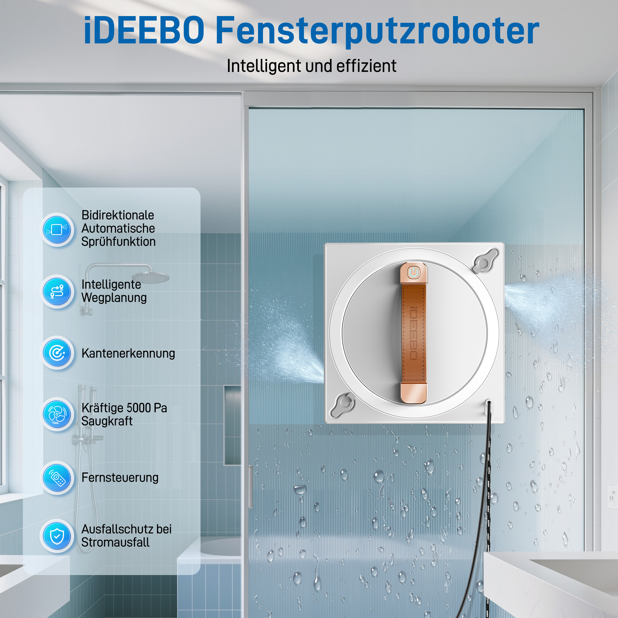 Ein weißer Fensterputzroboter mit braunem Ledergriff sprüht Wasser auf eine Glastür im Badezimmer.
