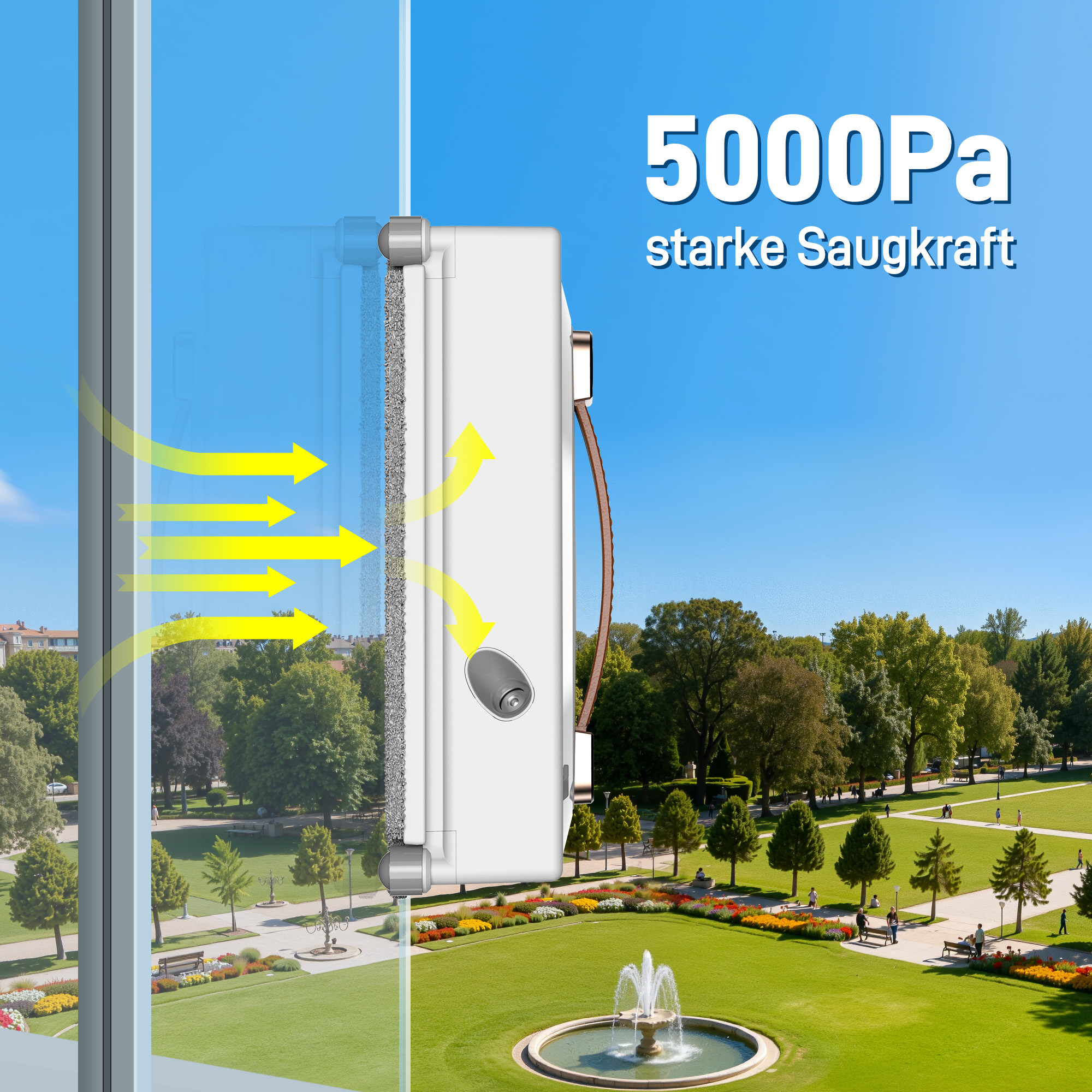 Ein weißer Fensterreinigungsroboter haftet an einer Scheibe. Im Hintergrund ist ein grüner Park zu sehen.