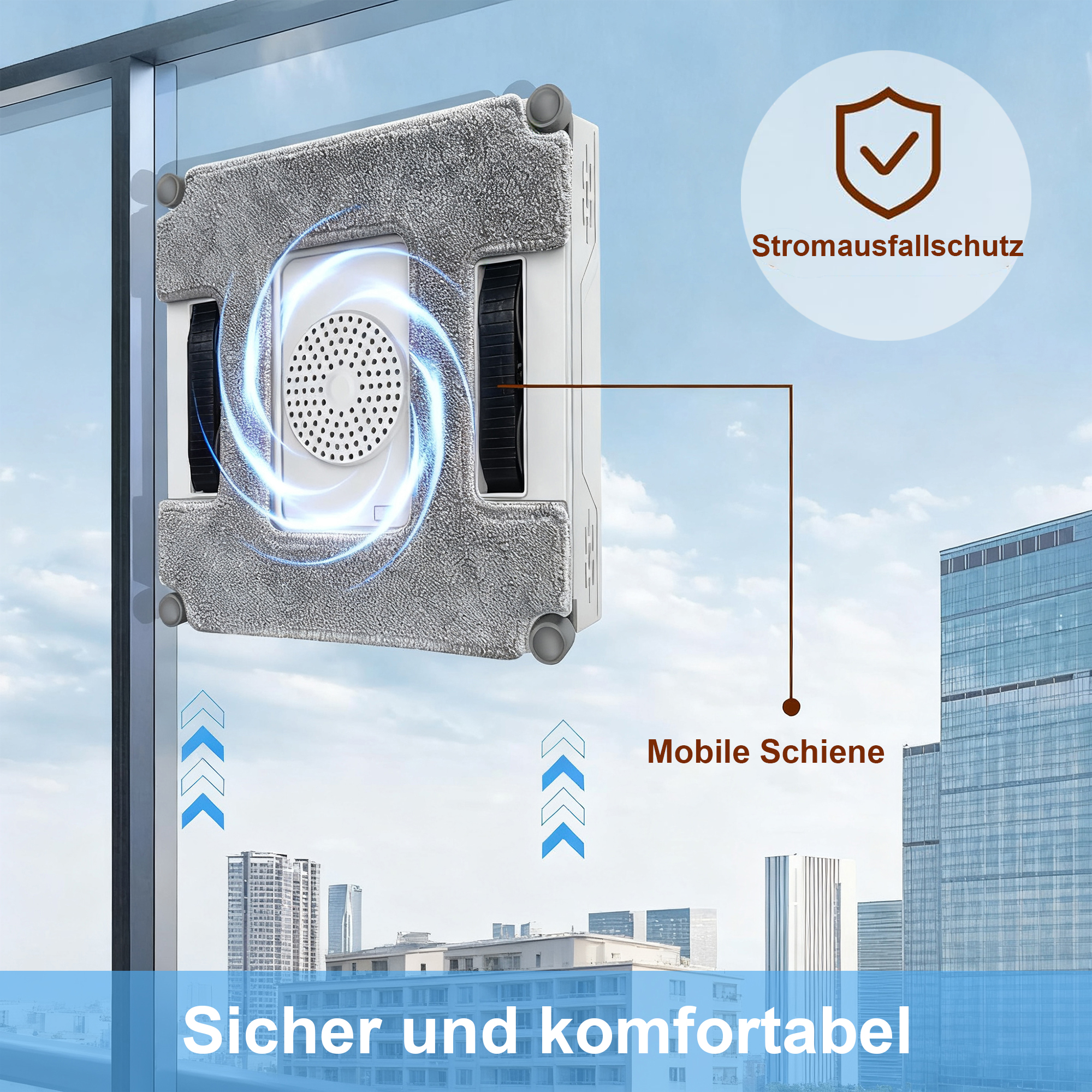 Ein weißer Fenstersauger reinigt eine Glaswand vor einer Stadtkulisse, mit Hinweisen zu Stromausfallschutz.