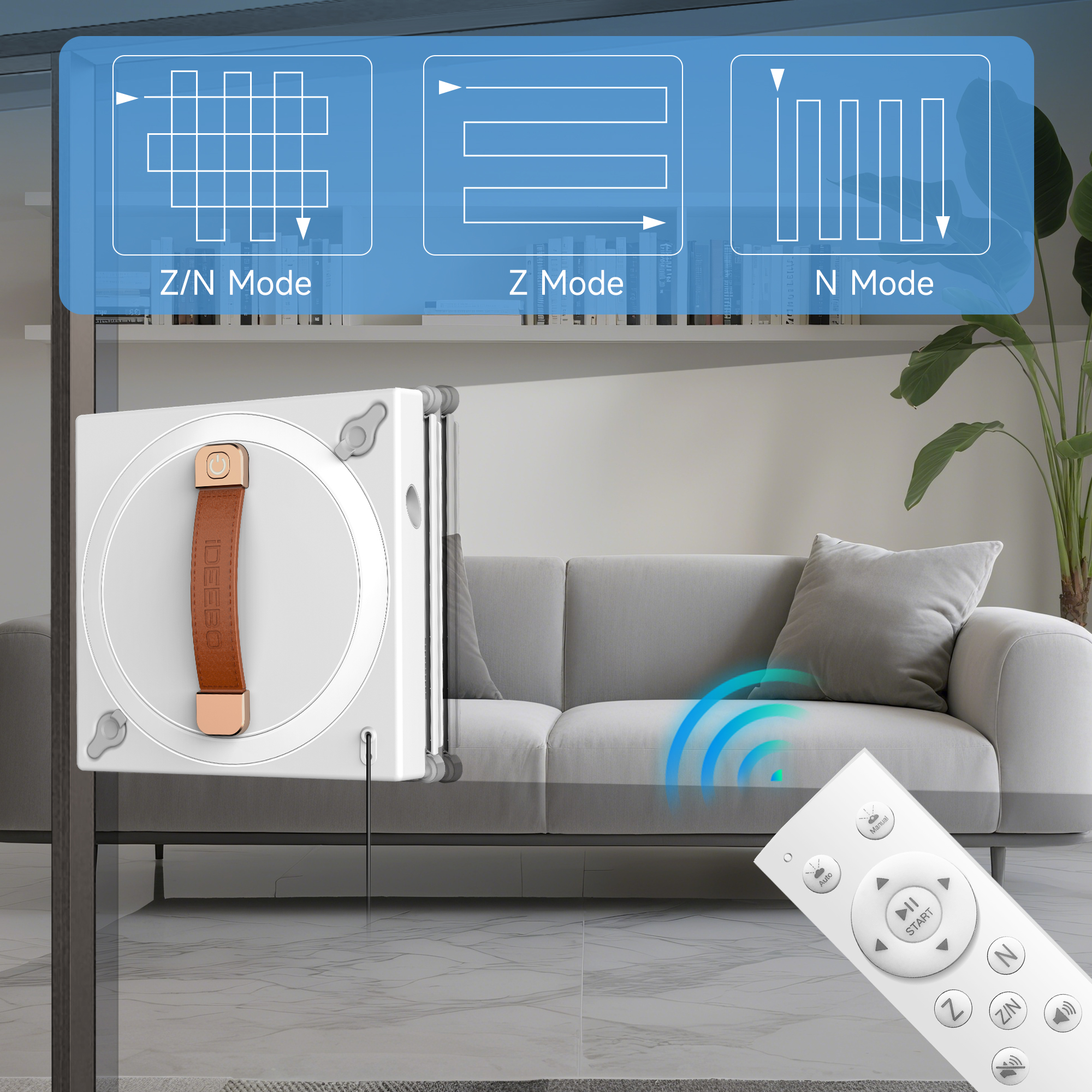 Ein weißer Fensterputzroboter wird per Fernbedienung gesteuert, mit Diagrammen seiner Reinigungsmodi oben.