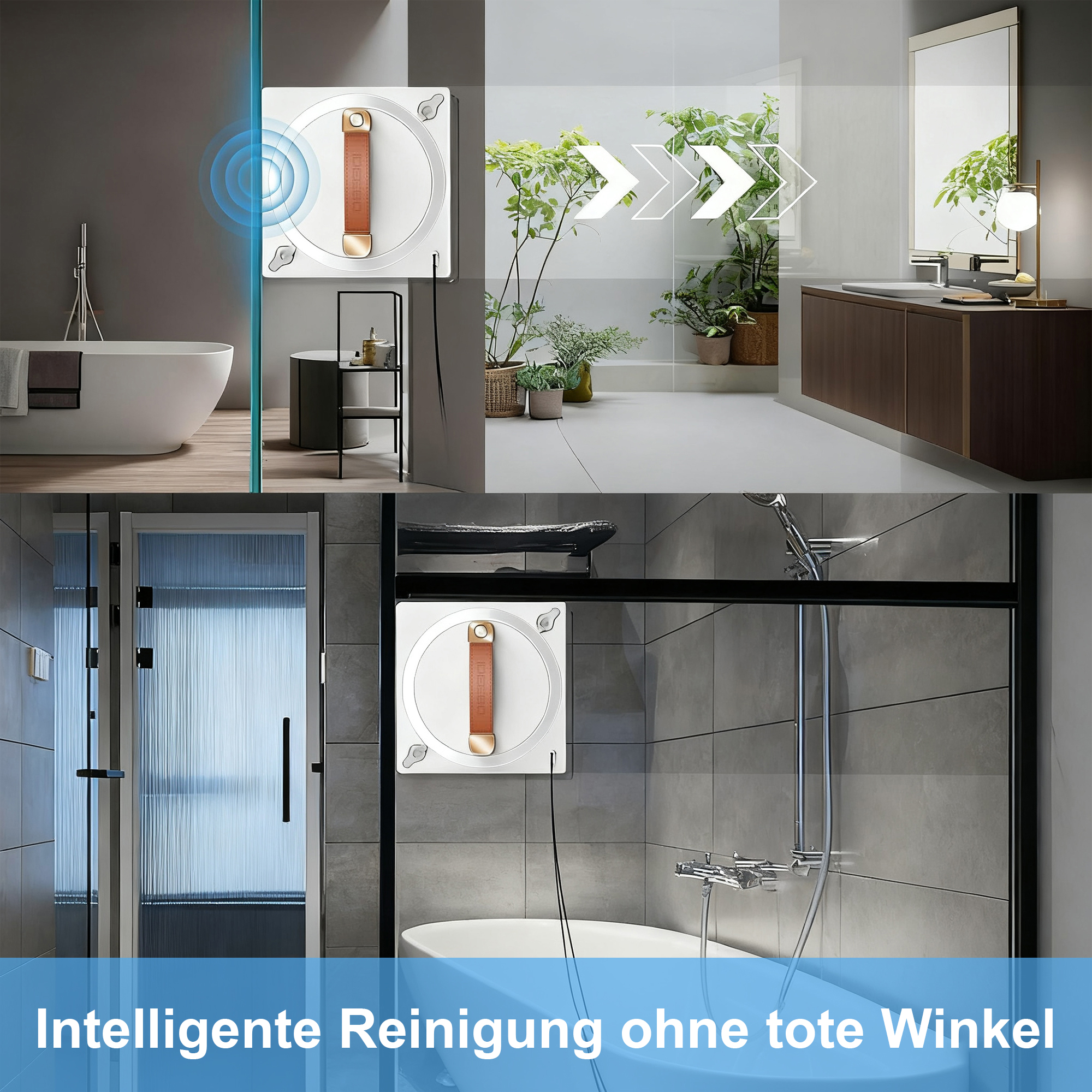 Ein weißer Roboter zur Fensterreinigung zeigt die Reinigung in einem modernen Badezimmer.