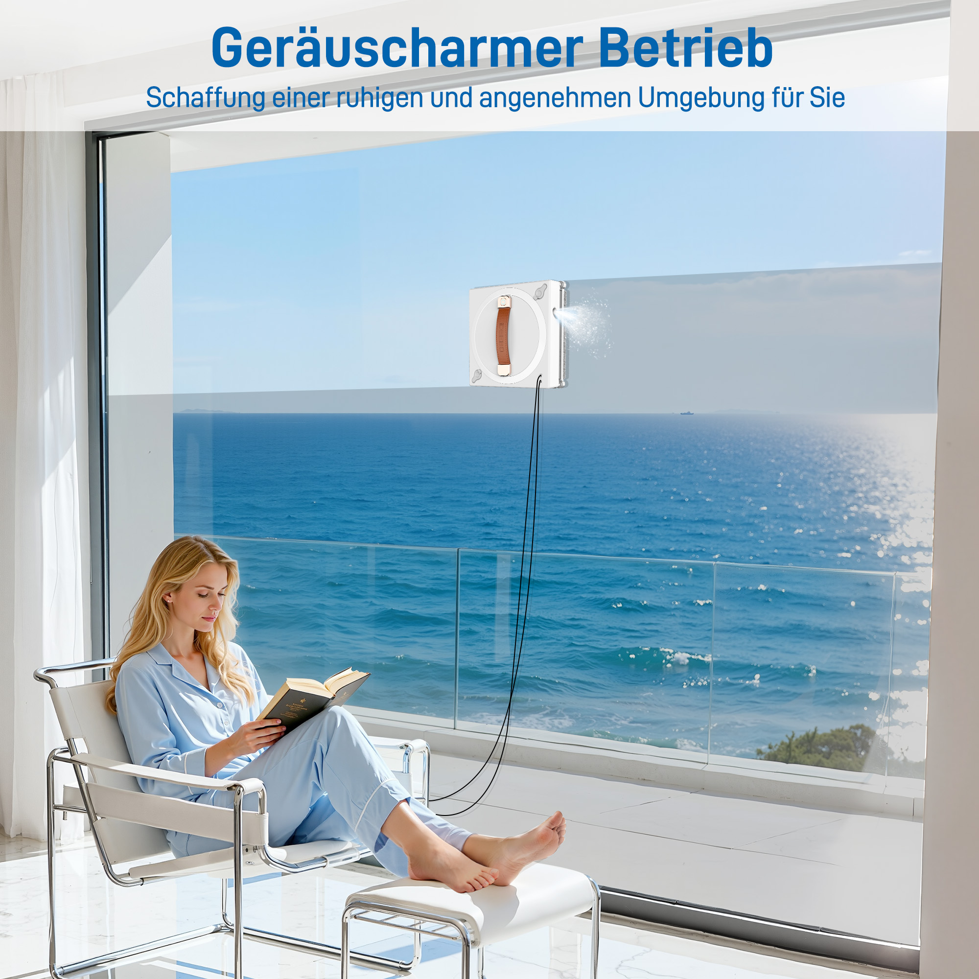 Eine Frau liest in einem Stuhl, während ein Roboter das Fenster mit Blick auf das Meer putzt.