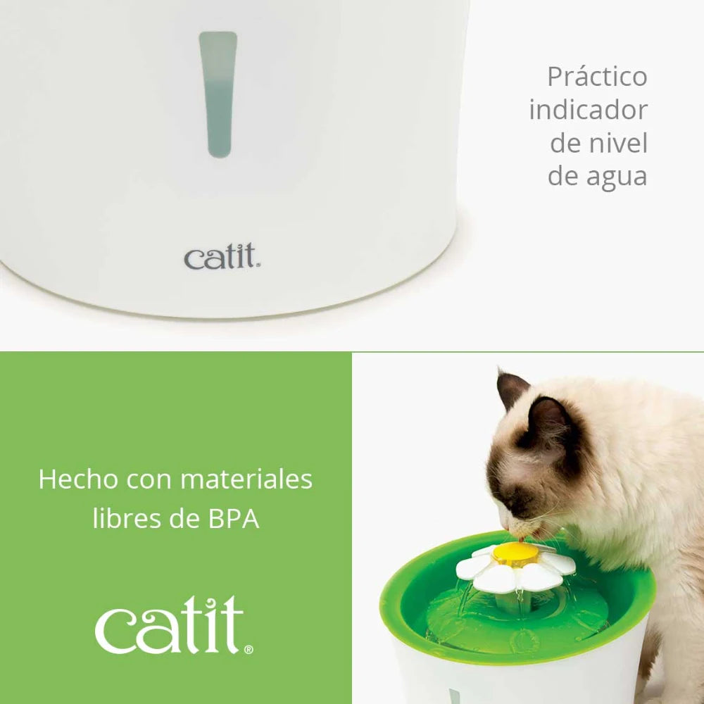 Un gato bebe de una fuente de agua verde Catit hecha con materiales libres de BPA.