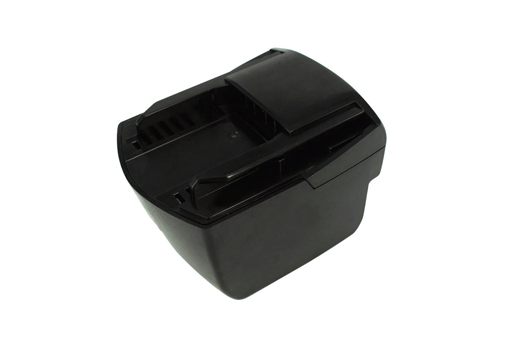 Ein schwarzes Plastik-Batterieladegerät mit konturiertem Gehäuse vor einem weißen Hintergrund.