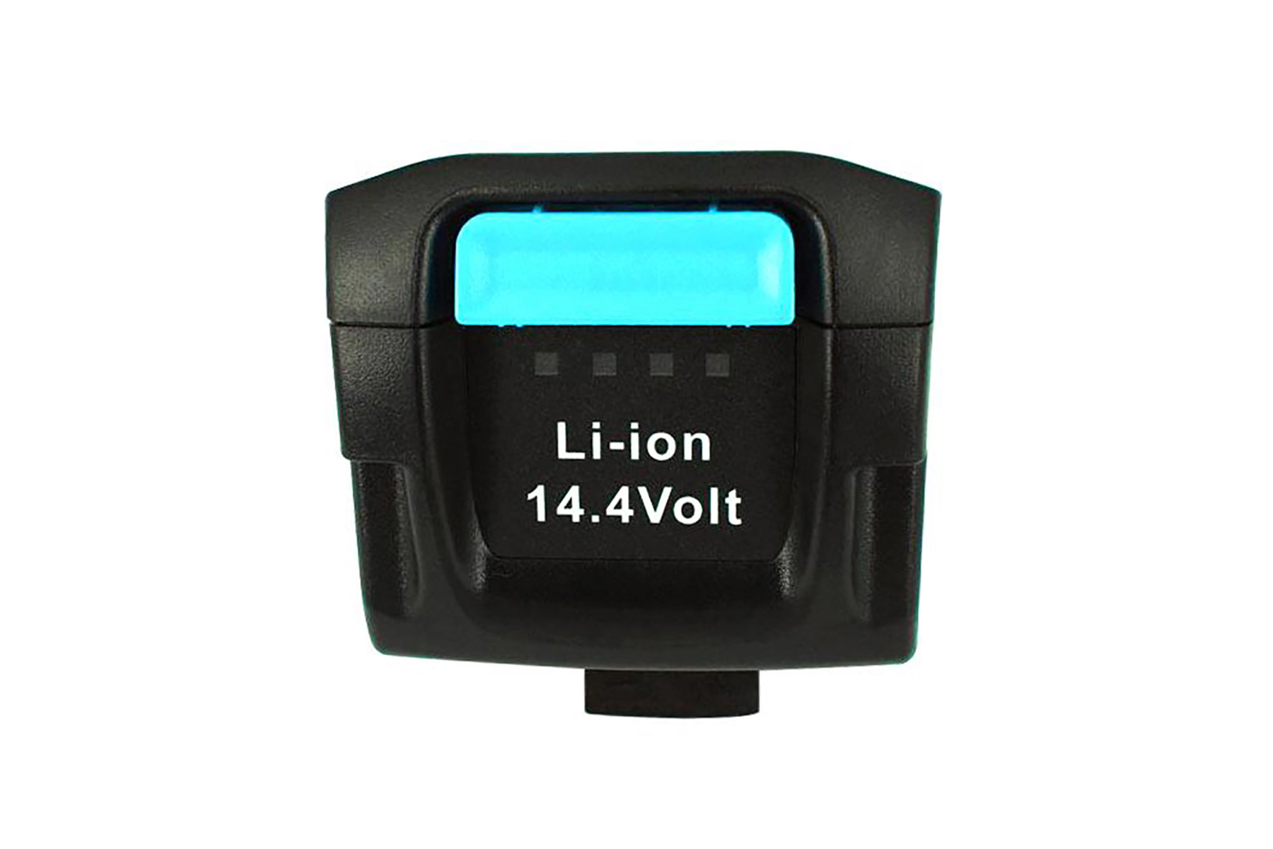 Schwarzer 14.4V Li-Ion Akku mit türkisfarbenem Auslöser vor weißem Hintergrund.