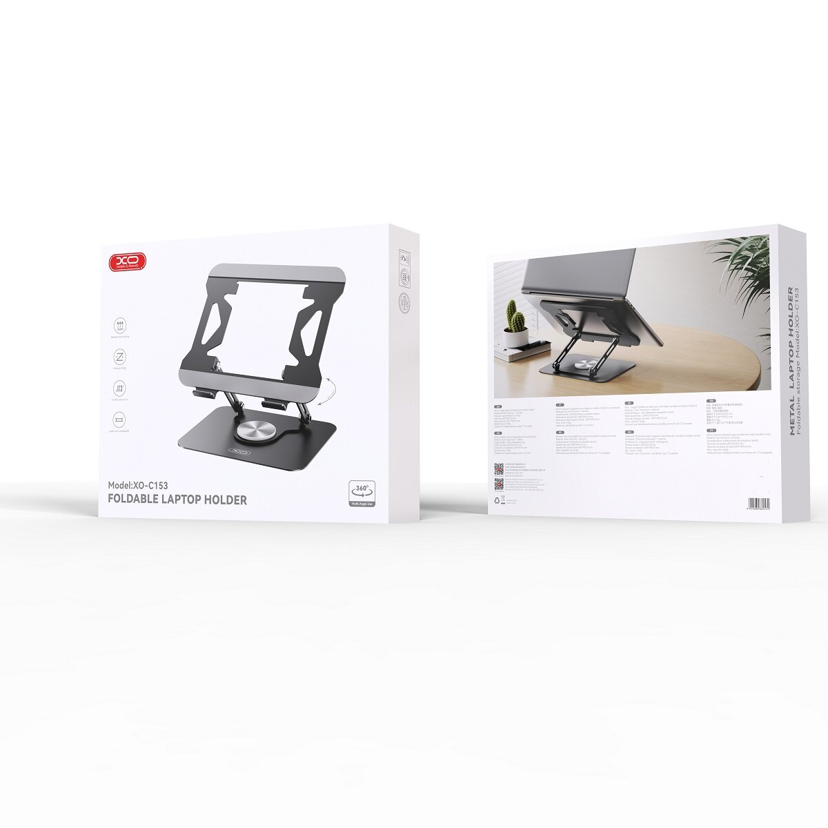 Verpackungskarton für einen faltbaren Laptopständer mit Produktbild und technischen Details.