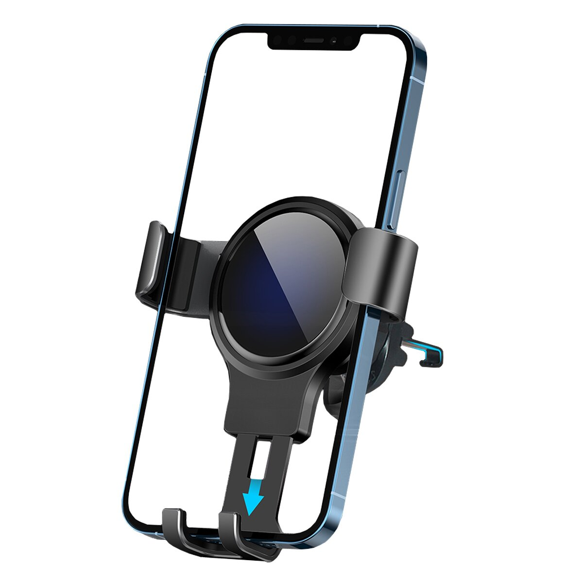 Eine schwarze Smartphone-Halterung mit seitlichen Griffen hält ein blaues Telefon vor weißem Hintergrund.