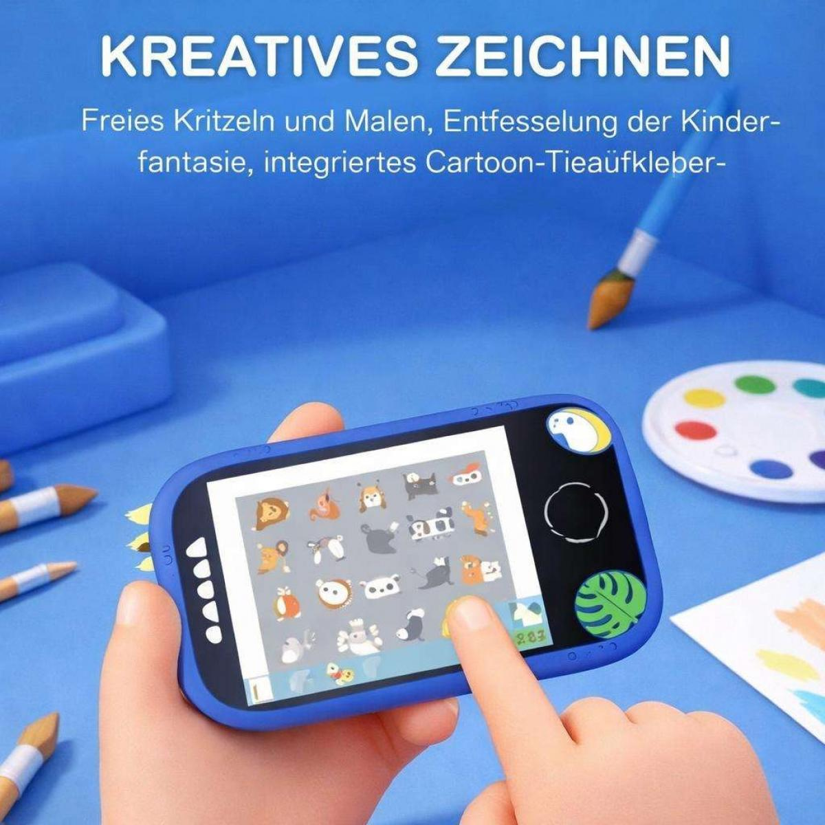 Blaue Kindertafel mit Tiermotiven und deutscher Überschrift.