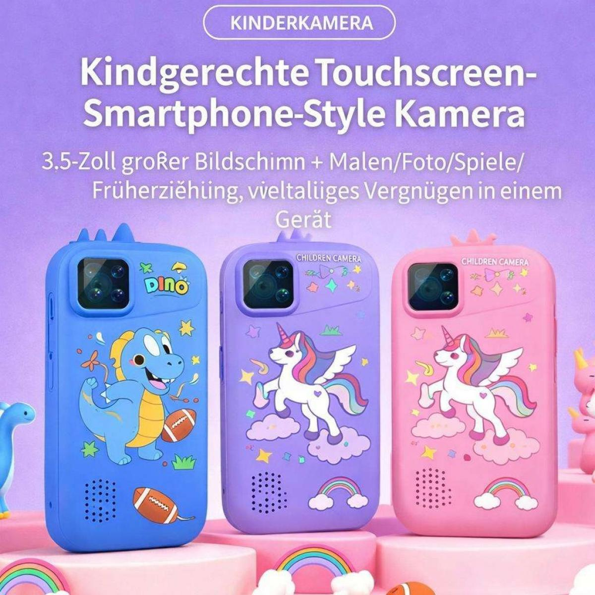 Drei bunte Kinderkameras in Blau, Lila und Rosa mit Dino- und Einhorn-Motiven vor lila Hintergrund.