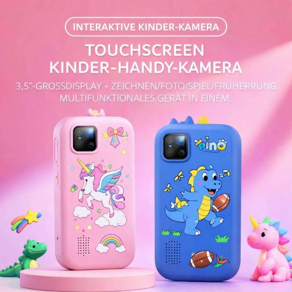 Zwei bunte Kinderkameras mit Einhorn- und Dinosaurier-Motiven stehen auf einer rosa Plattform vor rotem Hintergrund.