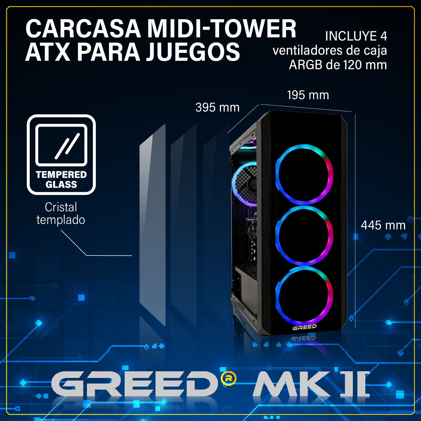 Carcasa midi-tower ATX para juegos GREED MK II con ventiladores ARGB y dimensiones.