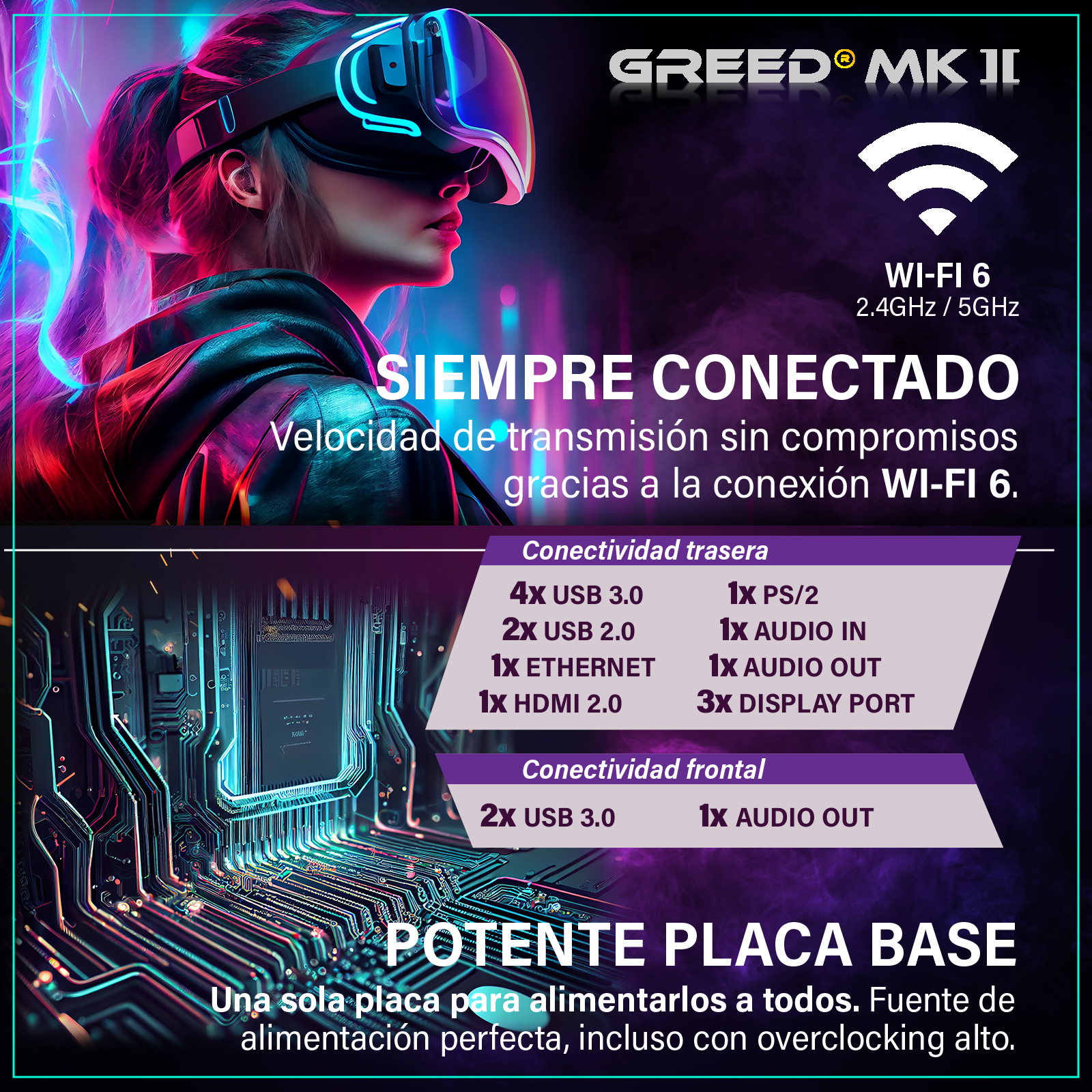 Anuncio de visor VR y placa base con Wi-Fi 6 y varios puertos sobre un fondo morado y negro.