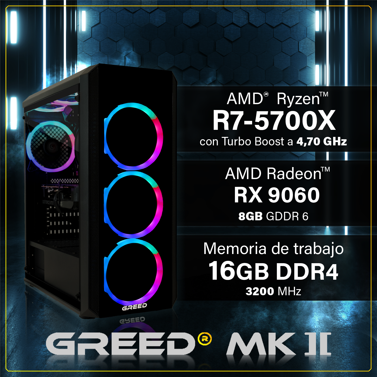 Torre de PC gaming con ventiladores RGB y especificaciones técnicas sobre fondo oscuro.