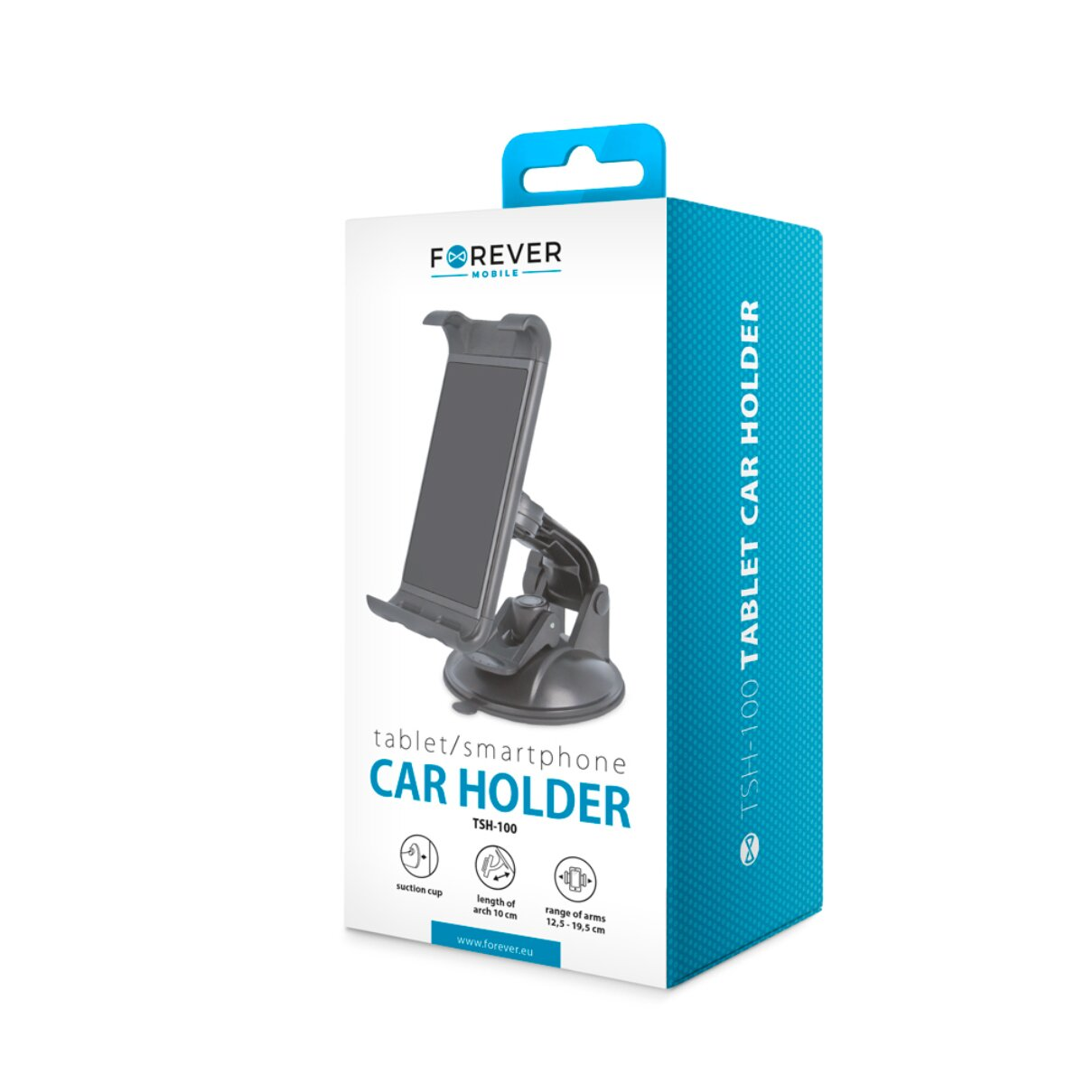 Confezione del prodotto per il supporto per auto per tablet e smartphone Forever TSH-100 in bianco e blu.