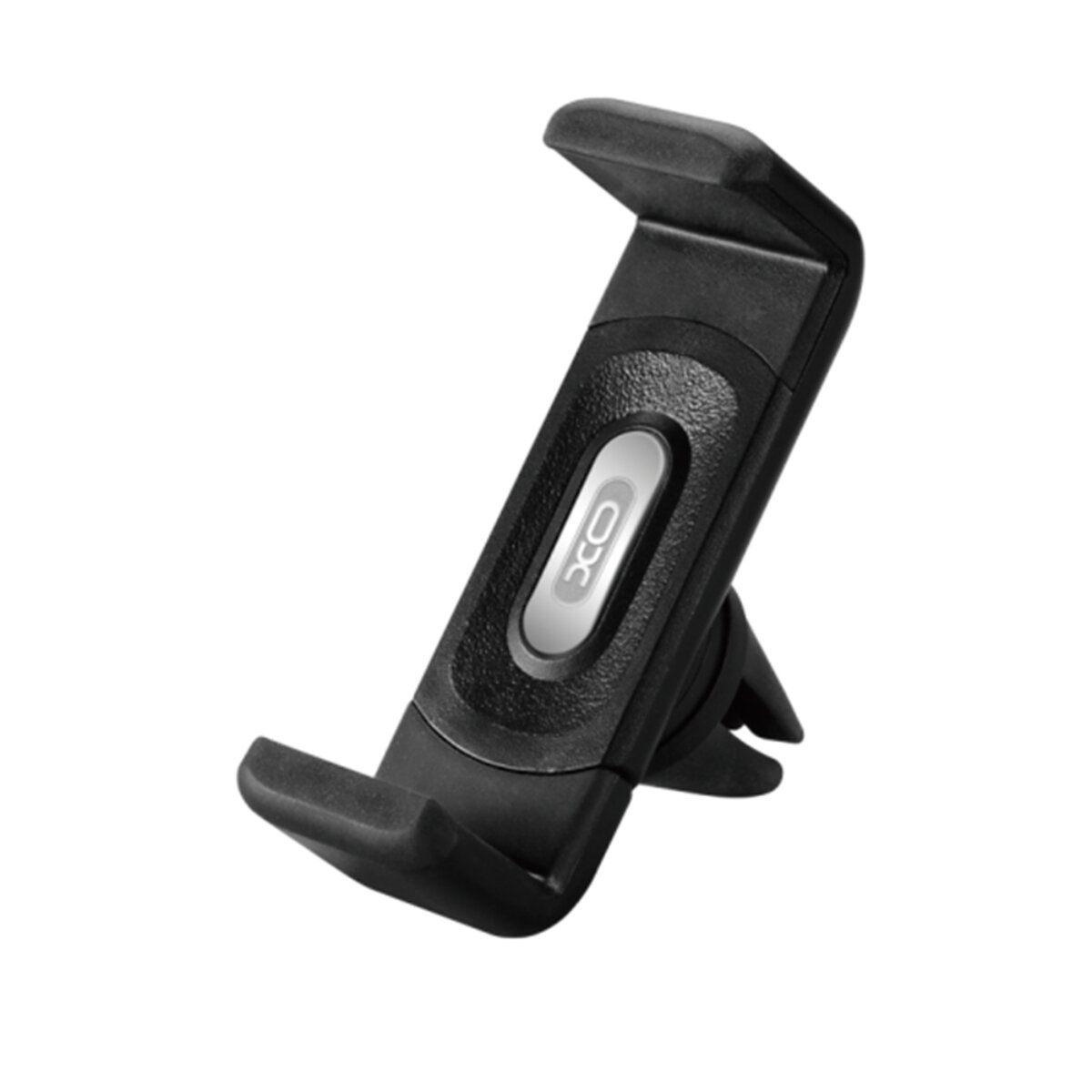 Ein schwarzer Autohalter für Smartphones mit einem silbernen Logo auf der Rückseite vor weißem Hintergrund.