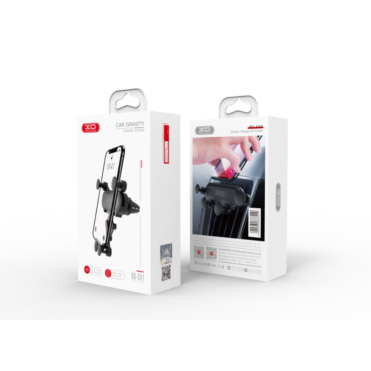 Zwei weiße Produktverpackungen für den XO-C41 Autohandyhalter, eine zeigt die Vorderseite mit einem Handy, die andere die Rückseite.