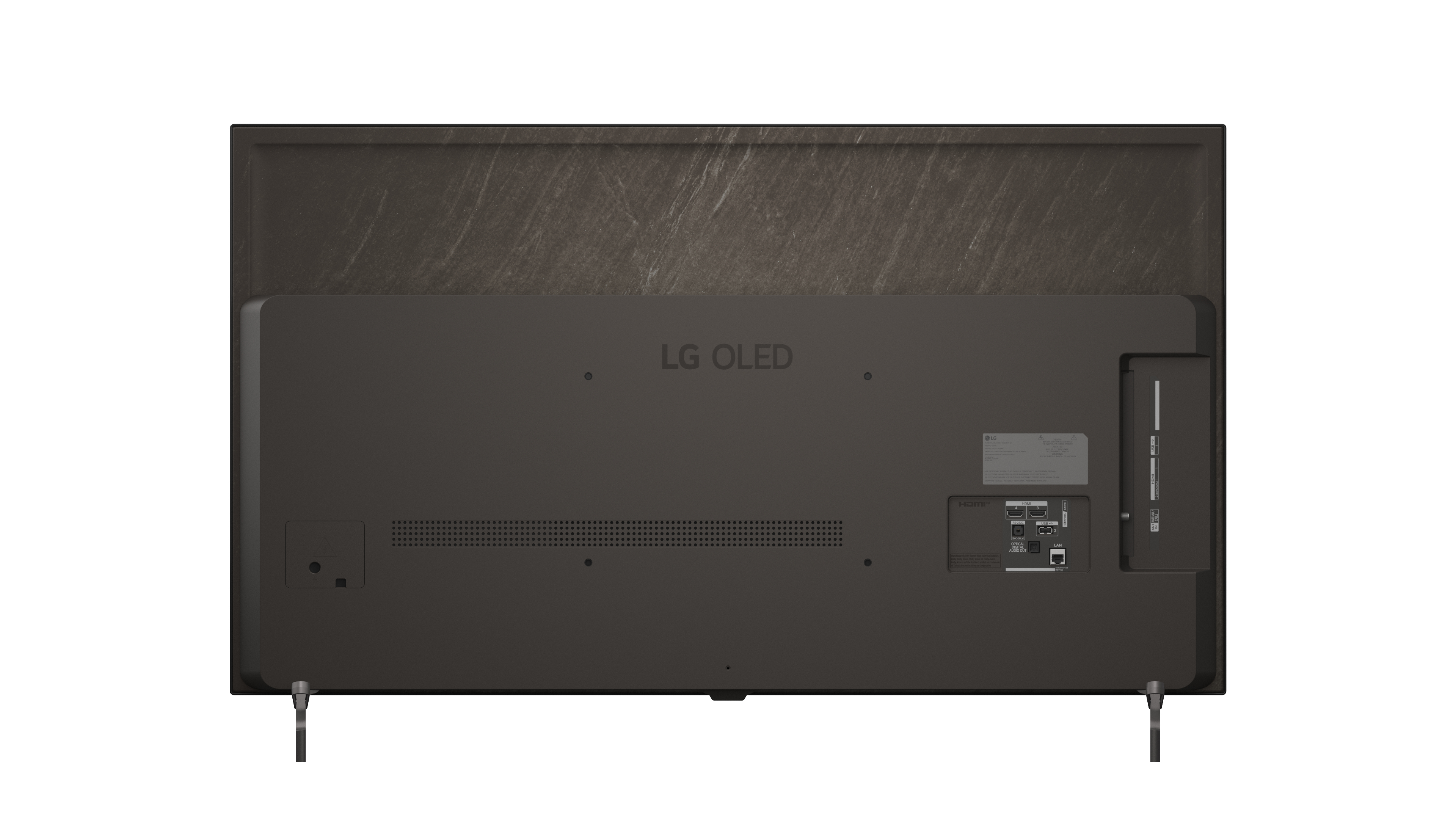 Parte posterior de un televisor LG OLED negro con varios puertos y dos soportes plateados.