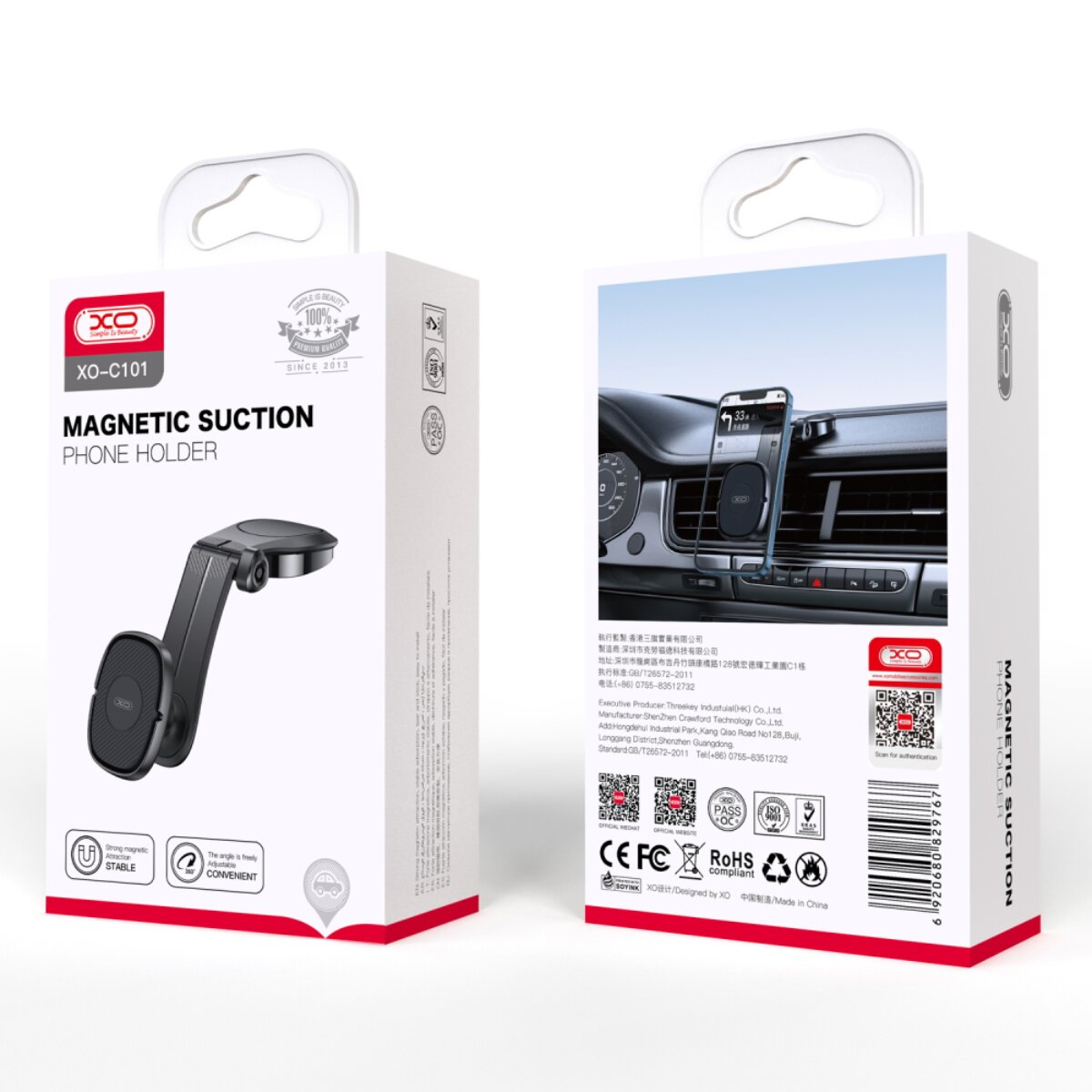 Zwei weiße Verpackungen für einen magnetischen Handyhalter, mit Produktabbildung und Einsatz im Auto.
