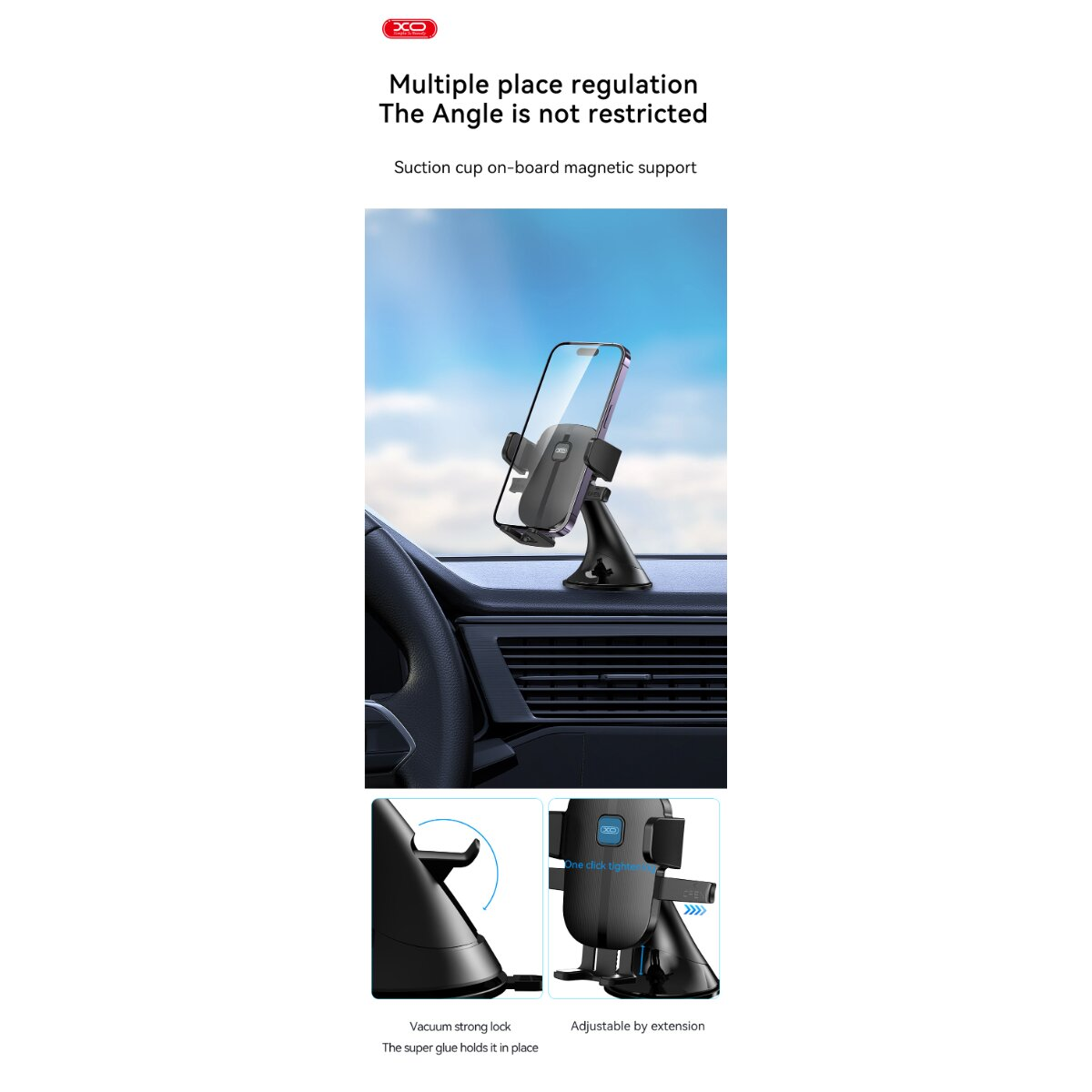 Magnetische Autohalterung für Smartphones mit verstellbarem Arm und Saugnapf auf dem Armaturenbrett.