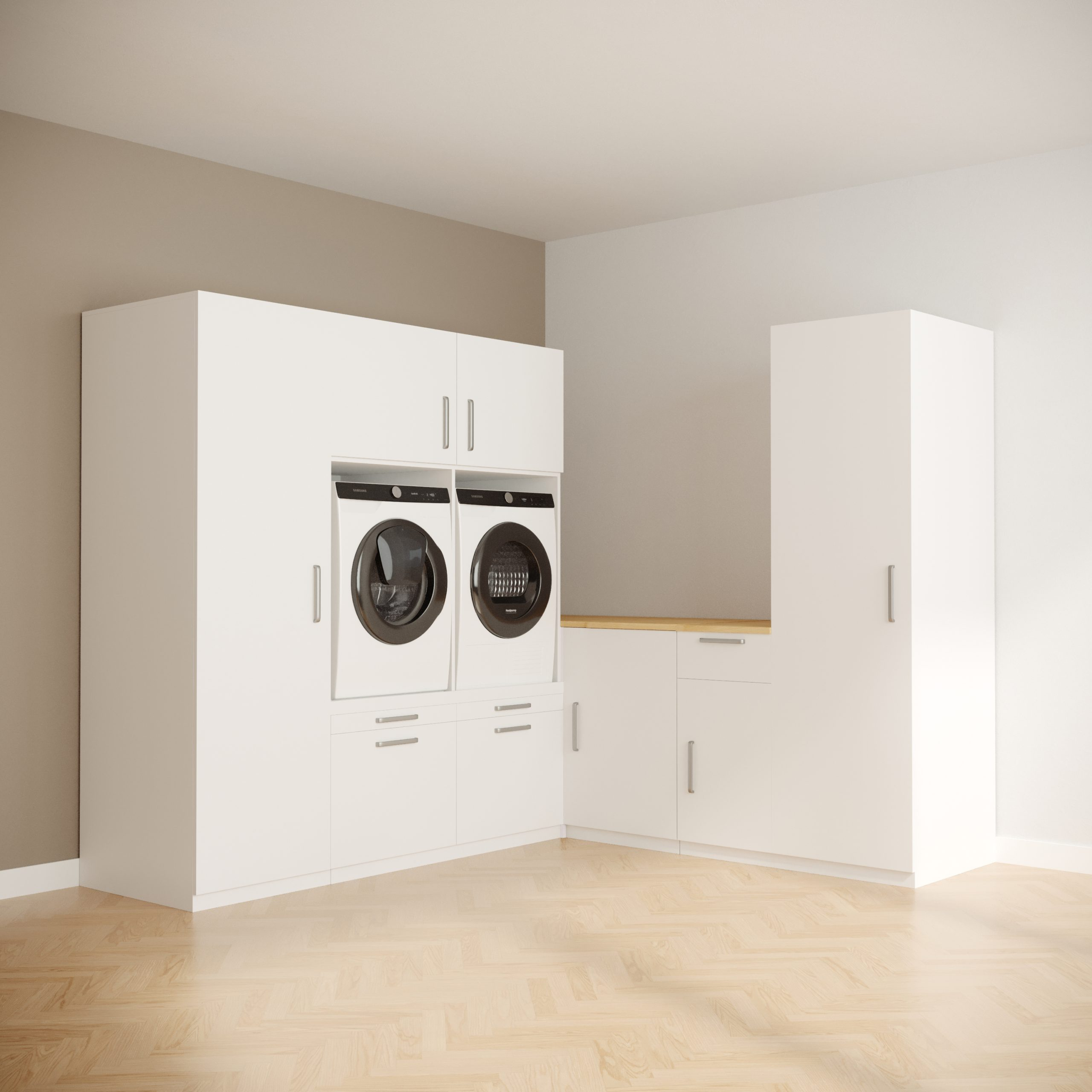 Moderne weiße Waschküche mit integrierter Waschmaschine und Trockner in einer Eckkonfiguration.