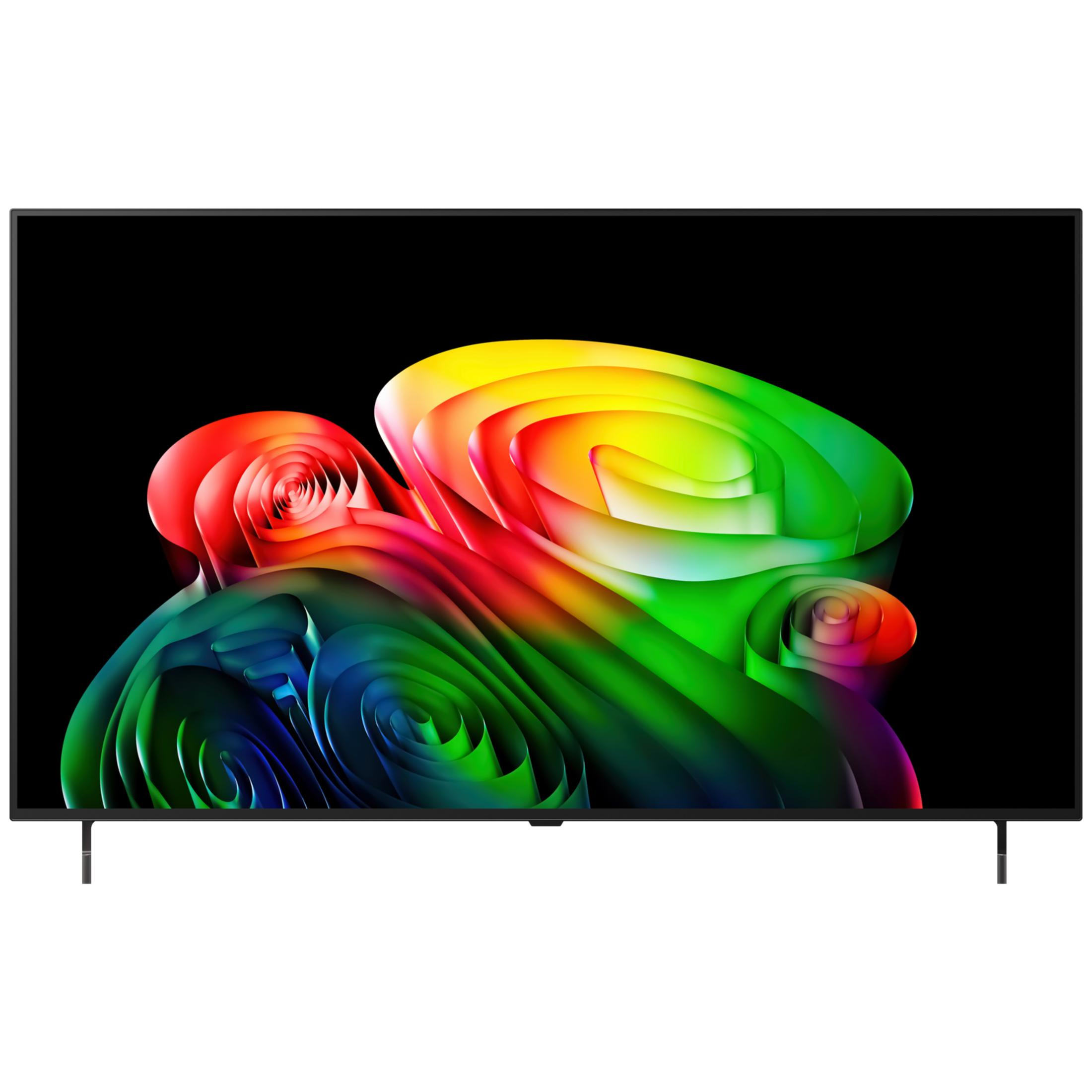Ein Fernseher zeigt ein buntes, spiralförmiges Muster aus roten, gelben und grünen Farben auf schwarzem Grund.