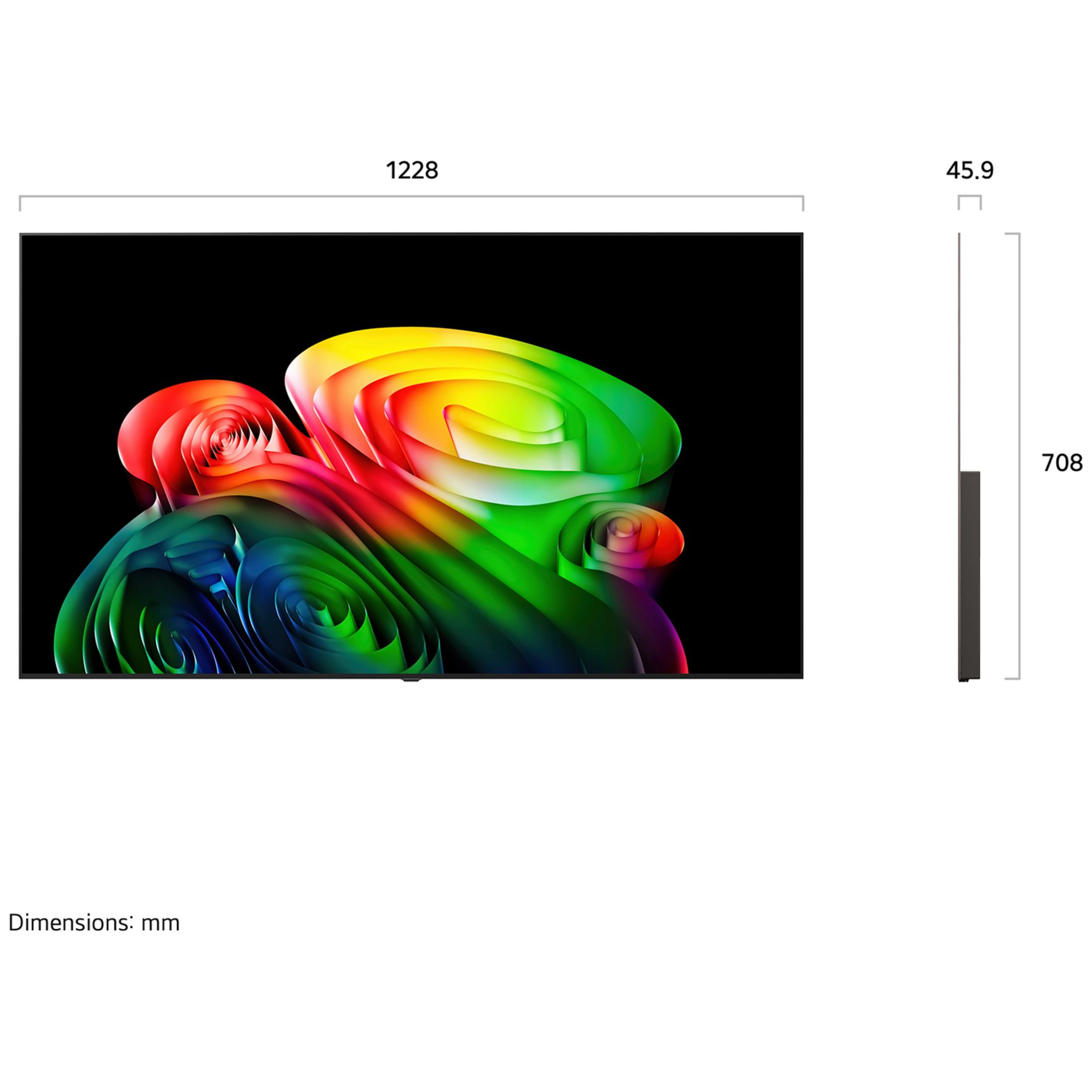 Technische Zeichnung eines rechteckigen Fernsehers mit 1228 mm Breite, 708 mm Höhe und 45,9 mm Tiefe.
