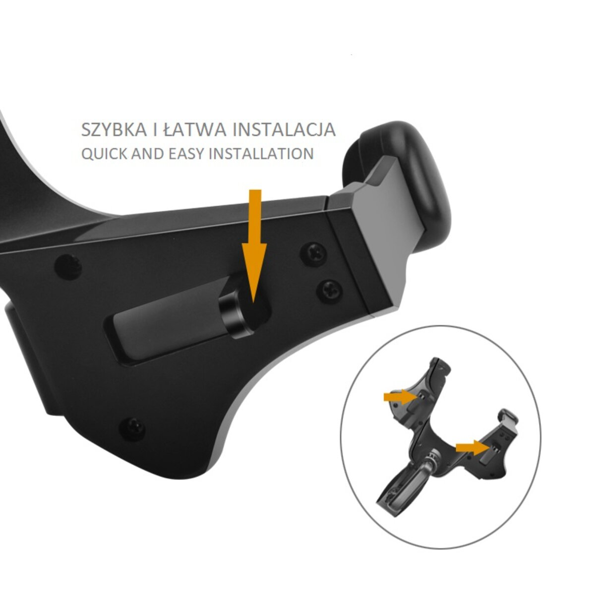 Diagramm zeigt die einfache Installation eines schwarzen Handyhalters mit gelben Pfeilen auf den Knöpfen.
