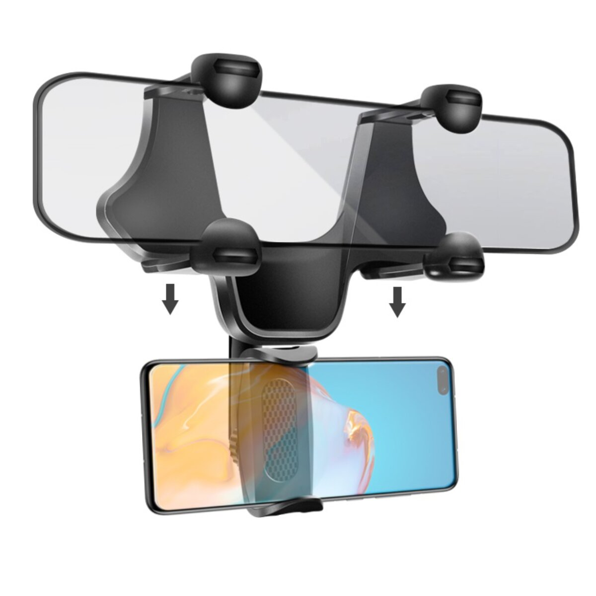 Ein Autorspiegel mit Halterung, an dem ein Smartphone befestigt ist.