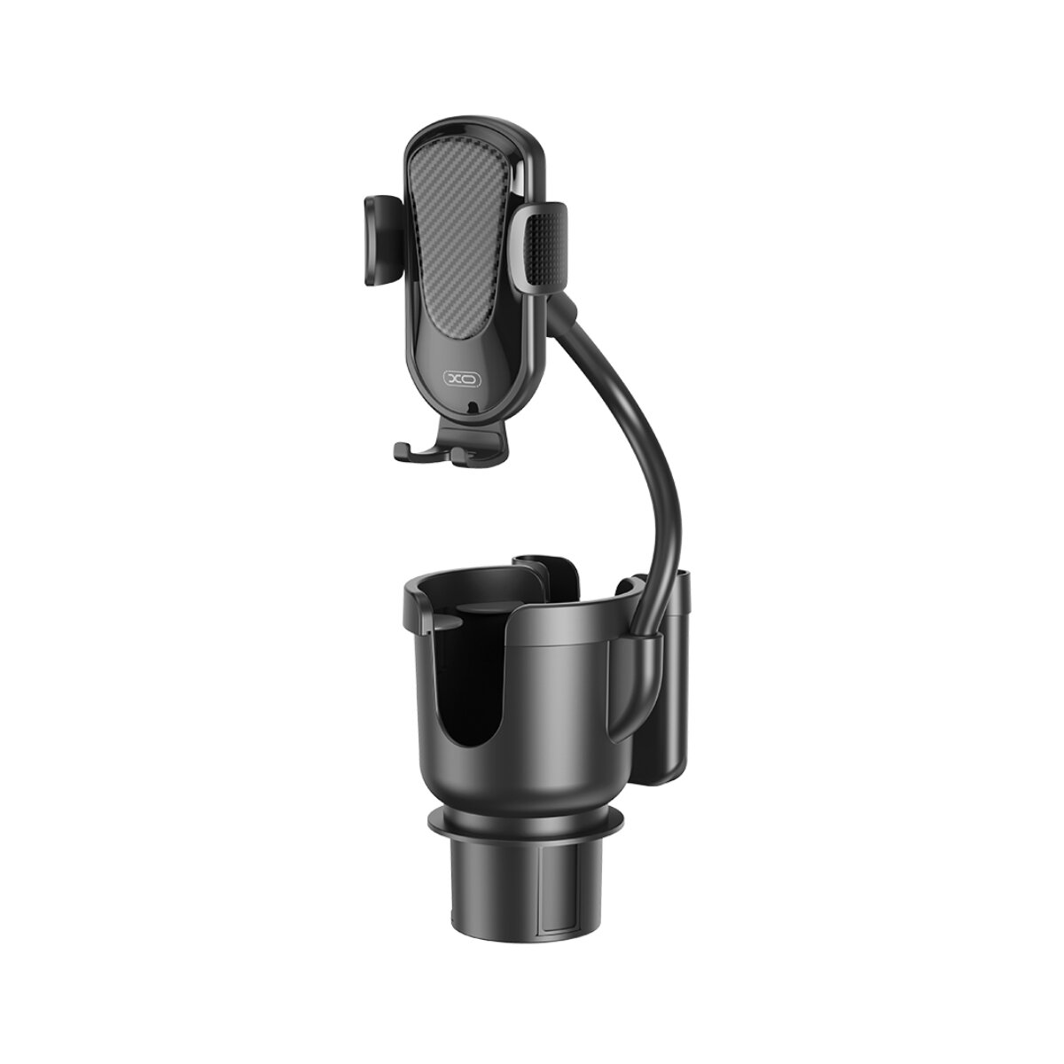 Schwarzer Auto-Becherhalter mit verstellbarem Handyhalter am flexiblen Arm.