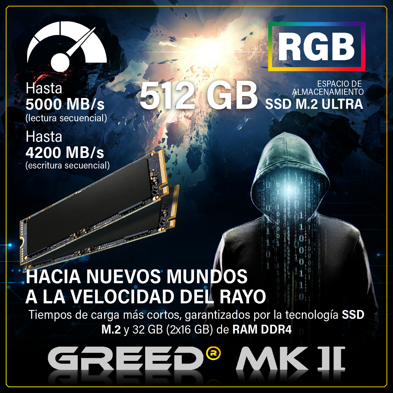 Anuncio de SSD M.2 Ultra de 512 GB con 5000 MB/s de lectura y figura con capucha.