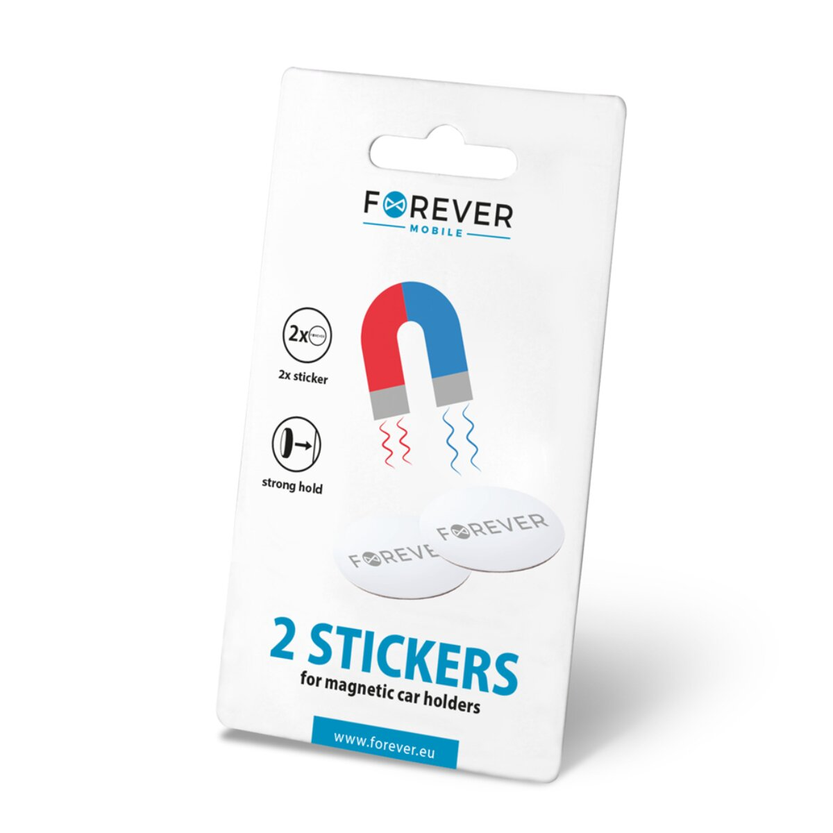 Verpackung von Forever Mobile mit zwei Aufklebern für magnetische Autohalterungen und einem Hufeisenmagnet-Symbol.