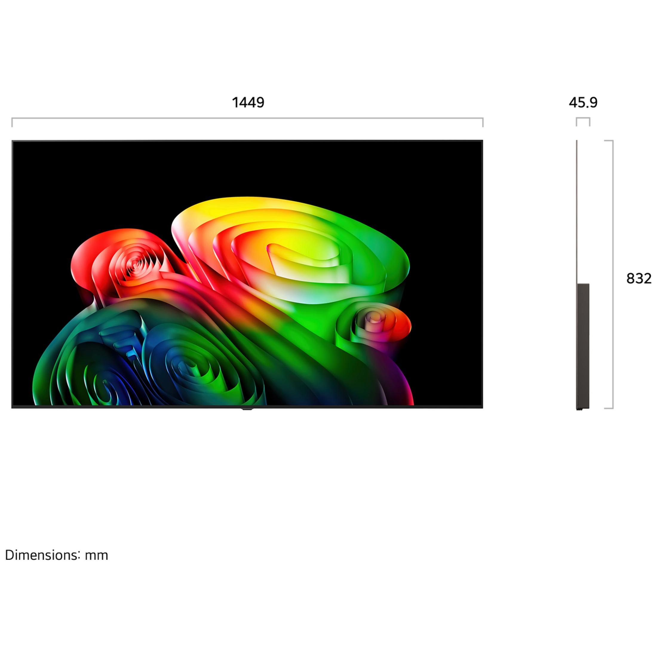 Diagramm zeigt Fernseher mit Maßen von 1449x832x45.9 mm und buntem Bildschirm.