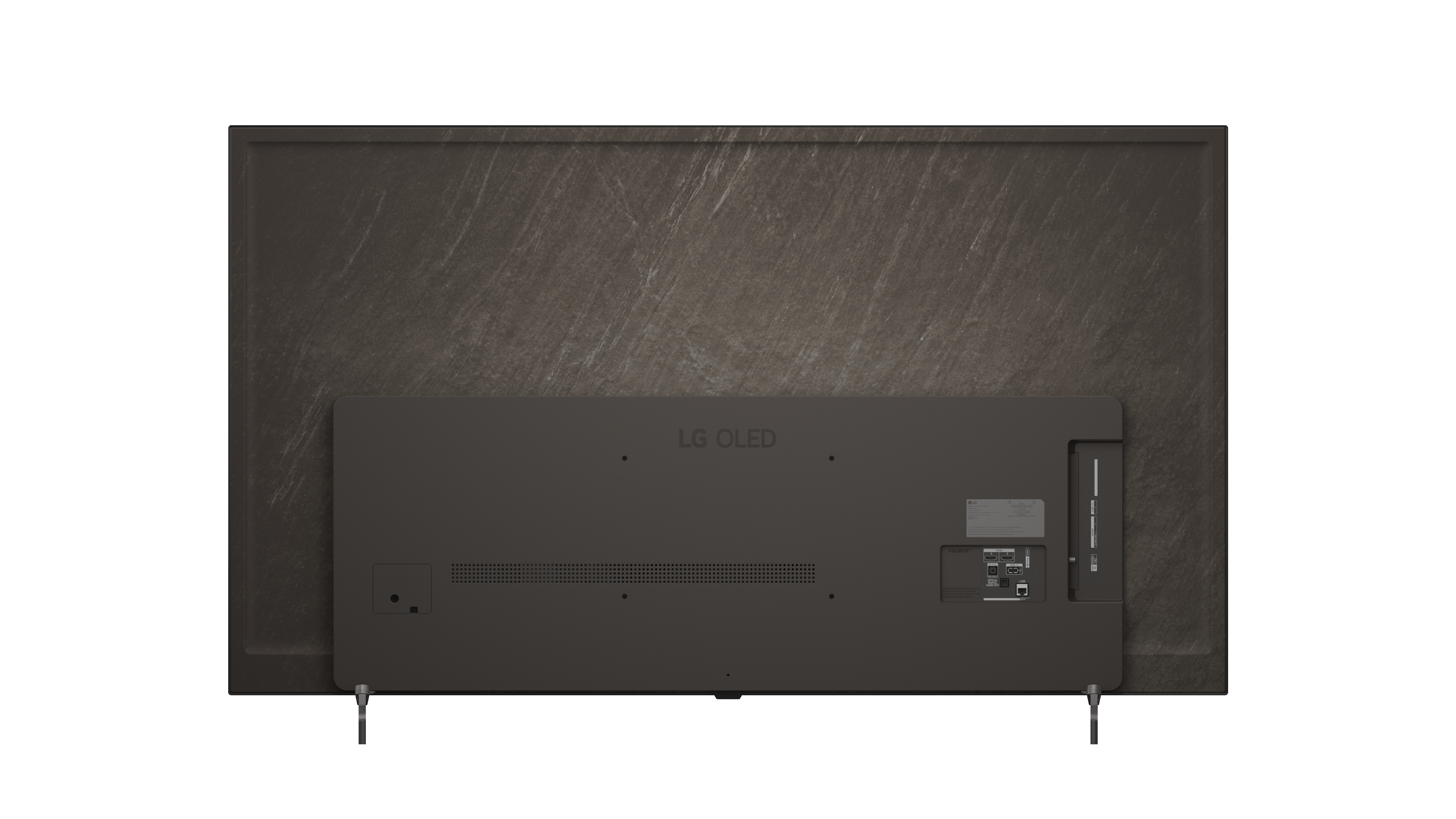Rückseite eines LG OLED Fernsehrs mit Anschlüssen, schwarzem Paneel und Standfüßen vor weißem Hintergrund.