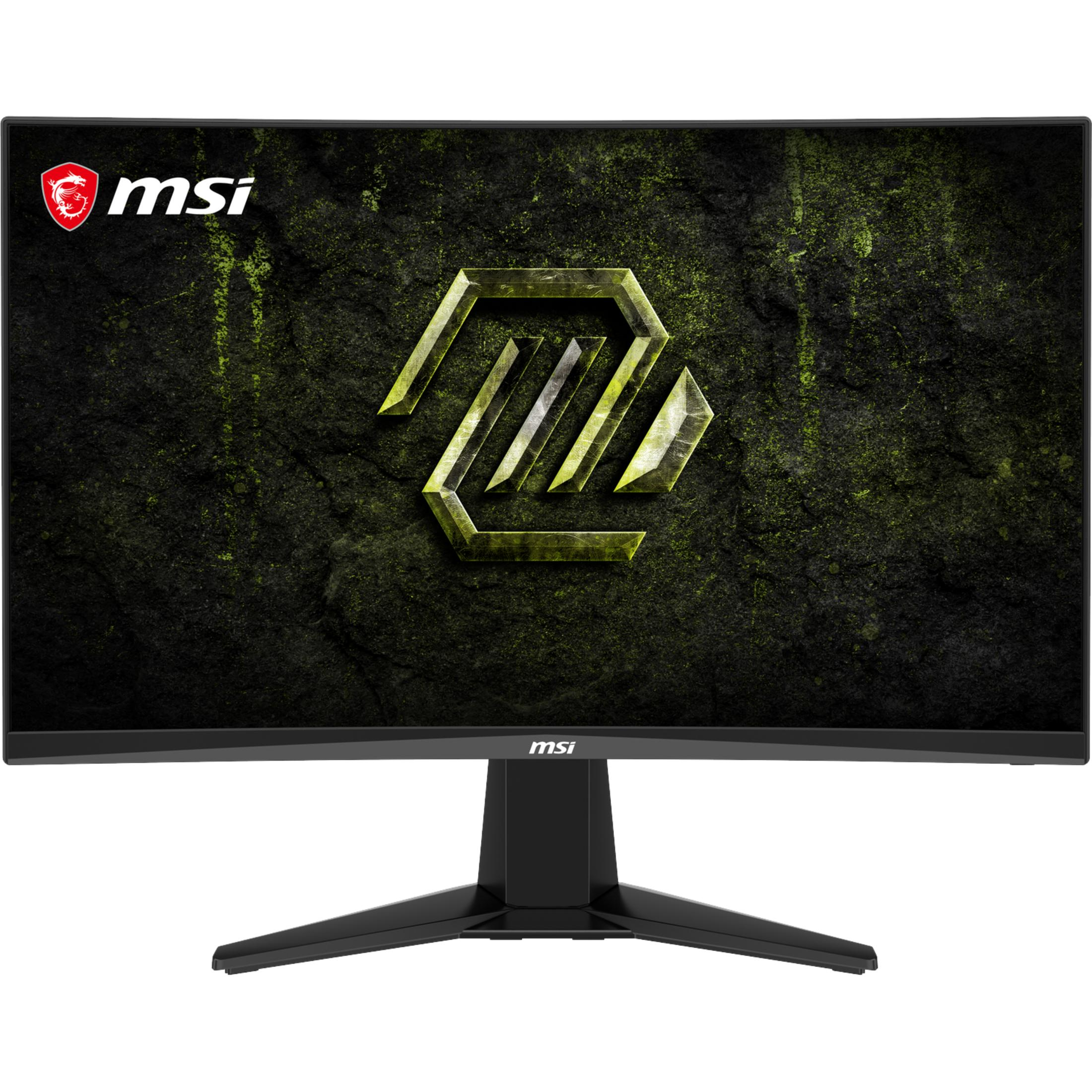 Un moniteur de jeu MSI incurvé avec un pied noir affiche une image de fond verte et rocailleuse.