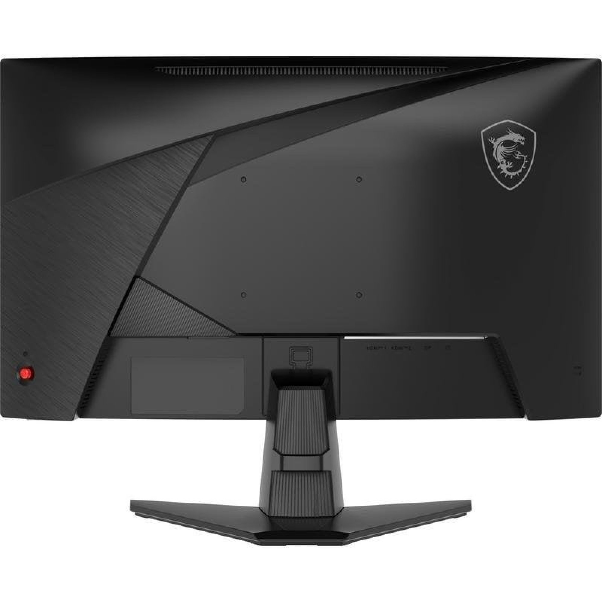 Arrière d'un moniteur de jeu MSI noir avec pied, logo de dragon blanc et bouton d'alimentation rouge.