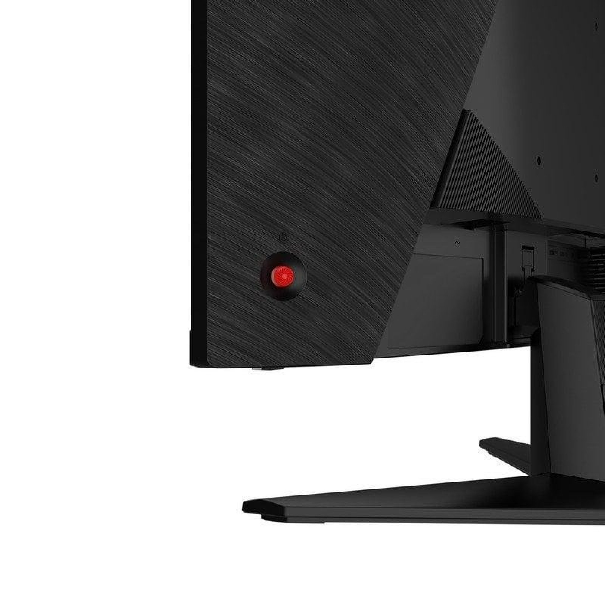 Arrière d'un moniteur noir avec texture de métal brossé et un bouton d'alimentation rouge.