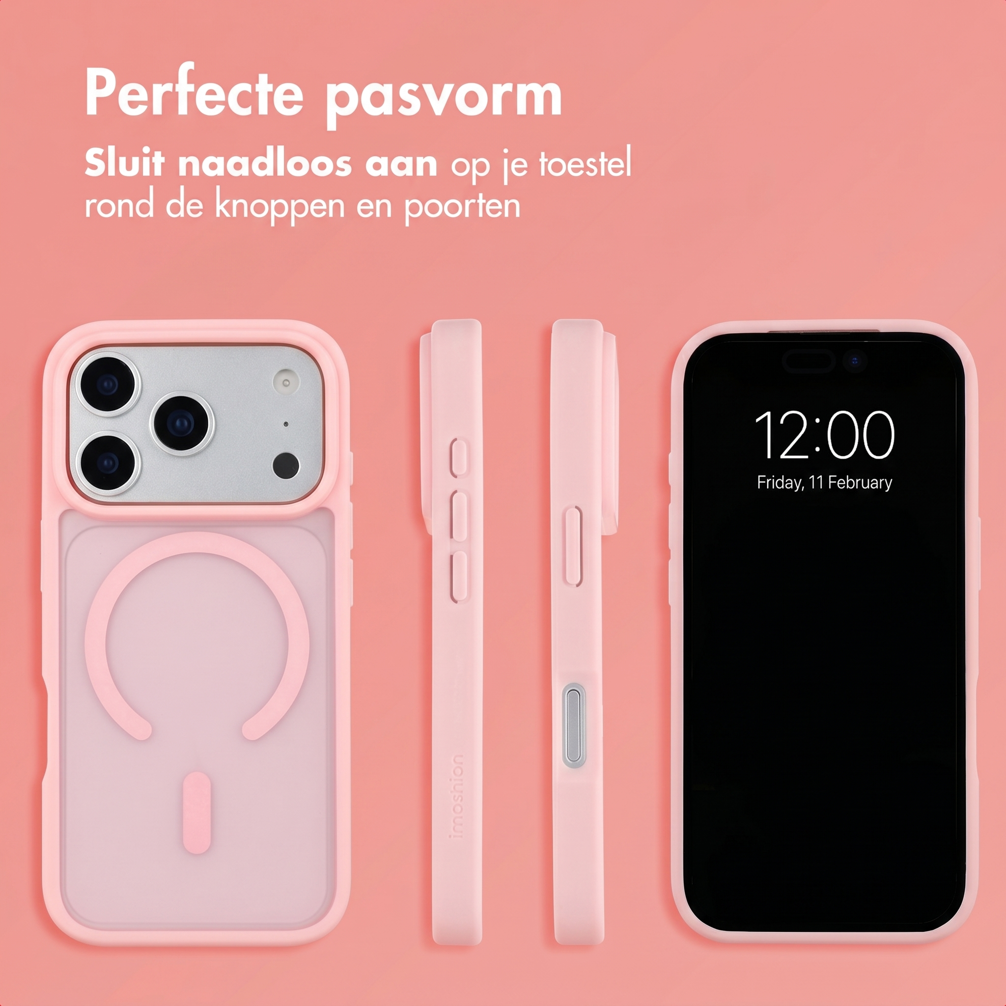 Rosa Smartphone-Hülle aus verschiedenen Blickwinkeln mit Text auf rosa Hintergrund.
