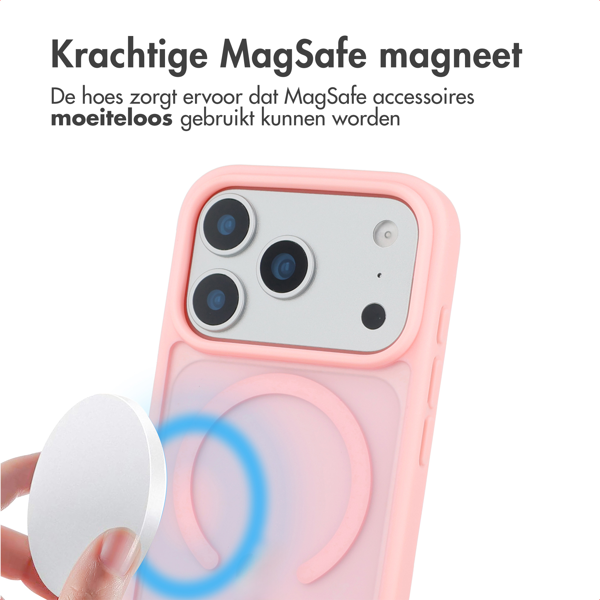 Rosa Handyhülle mit MagSafe-Ring und einer runden Ladestation im Hintergrund.
