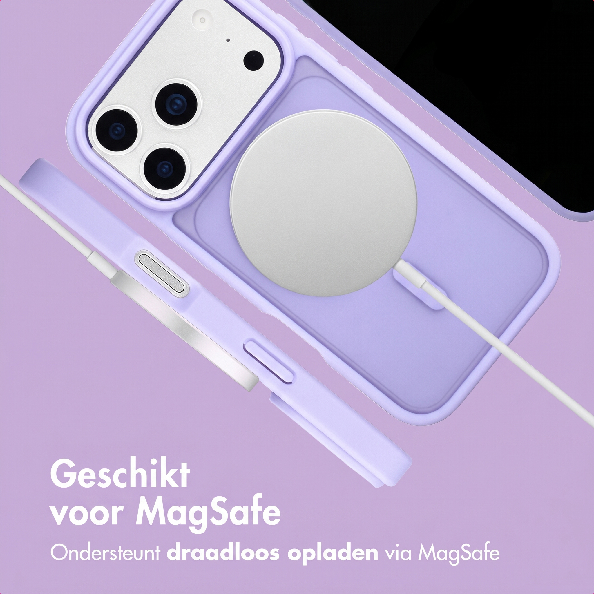 Lila Handyhülle mit integriertem MagSafe-Ladegerät auf lila Hintergrund und Text.