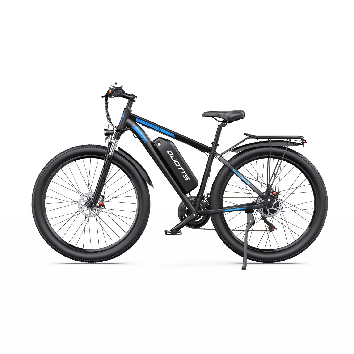 Ein schwarzes Elektrofahrrad mit blauen Akzenten und einem integrierten Batteriekasten am Rahmen steht auf weißem Grund.
