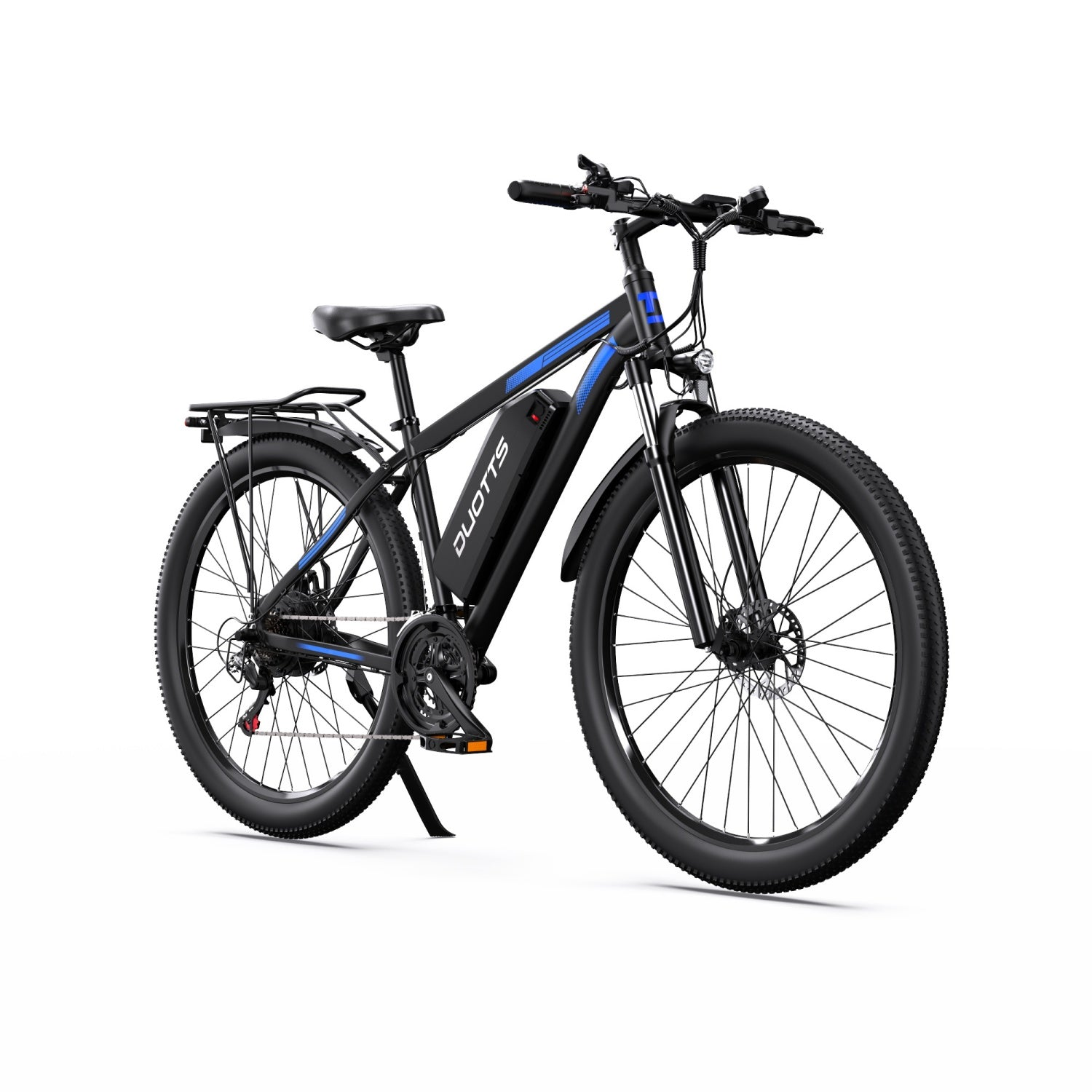 Ein schwarzes Elektro-Mountainbike mit blauen Akzenten, Frontscheinwerfer und Akku am Rahmen auf weißem Hintergrund.