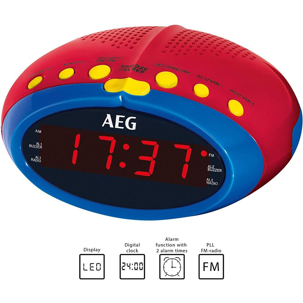 Ein rot-blauer AEG Digitalwecker mit LED-Anzeige und gelben Knöpfen.