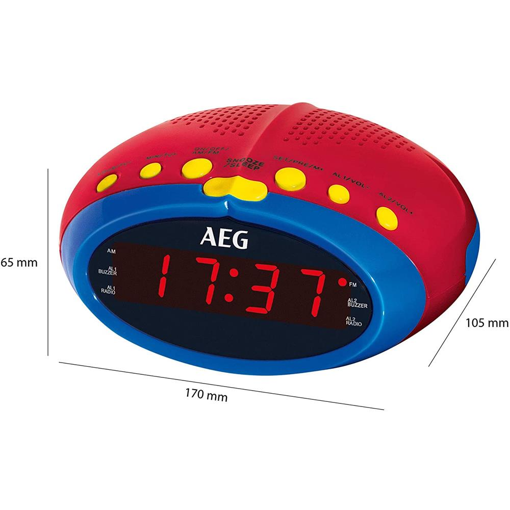 Ein rot-blauer AEG-Wecker mit rotem LED-Display zeigt 17:37 Uhr und hat gelbe Knöpfe.