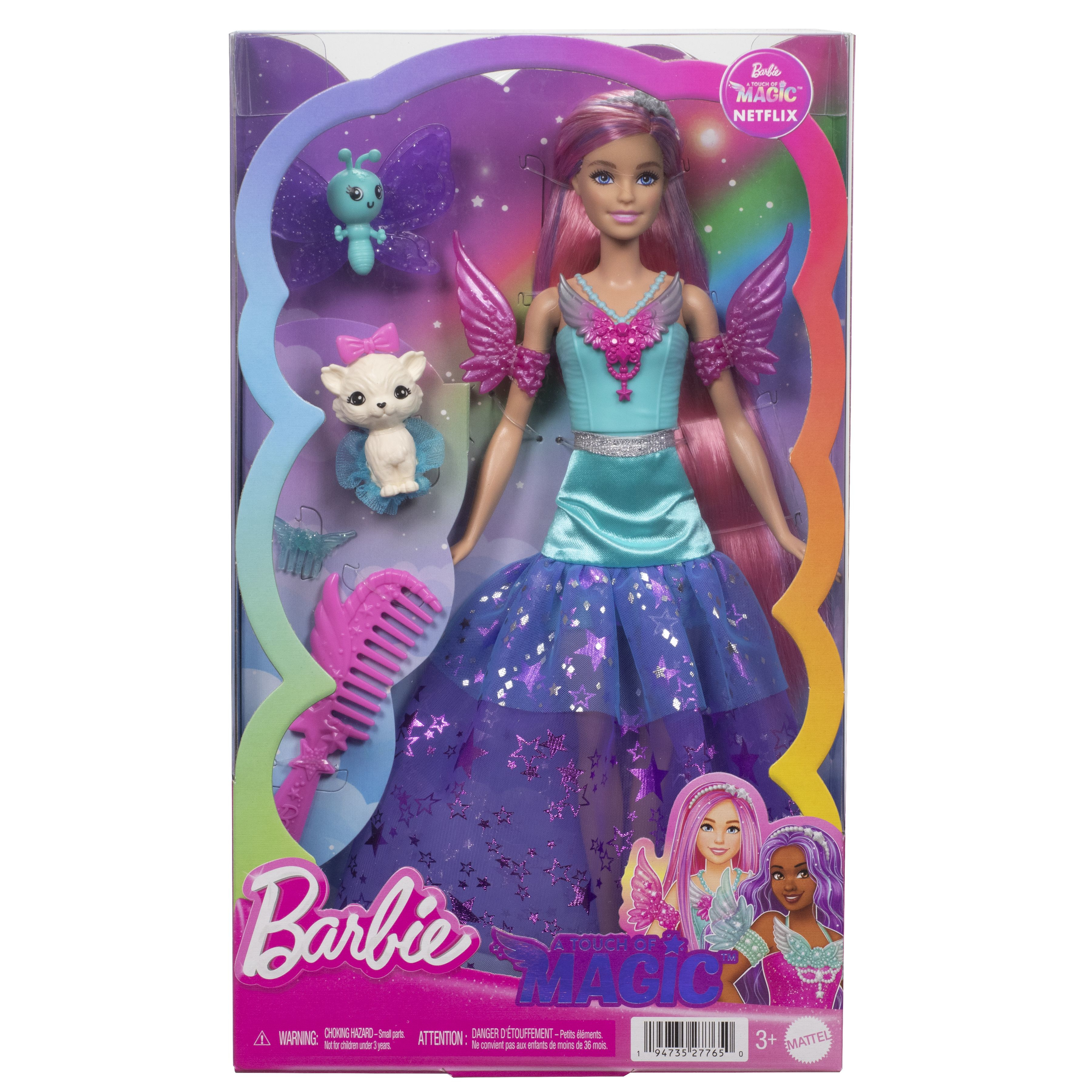 Barbie-Puppe in magischem Outfit mit pinkem Haar, Flügeln, kleinem Hund, Schmetterling und Kamm in bunter Verpackung.