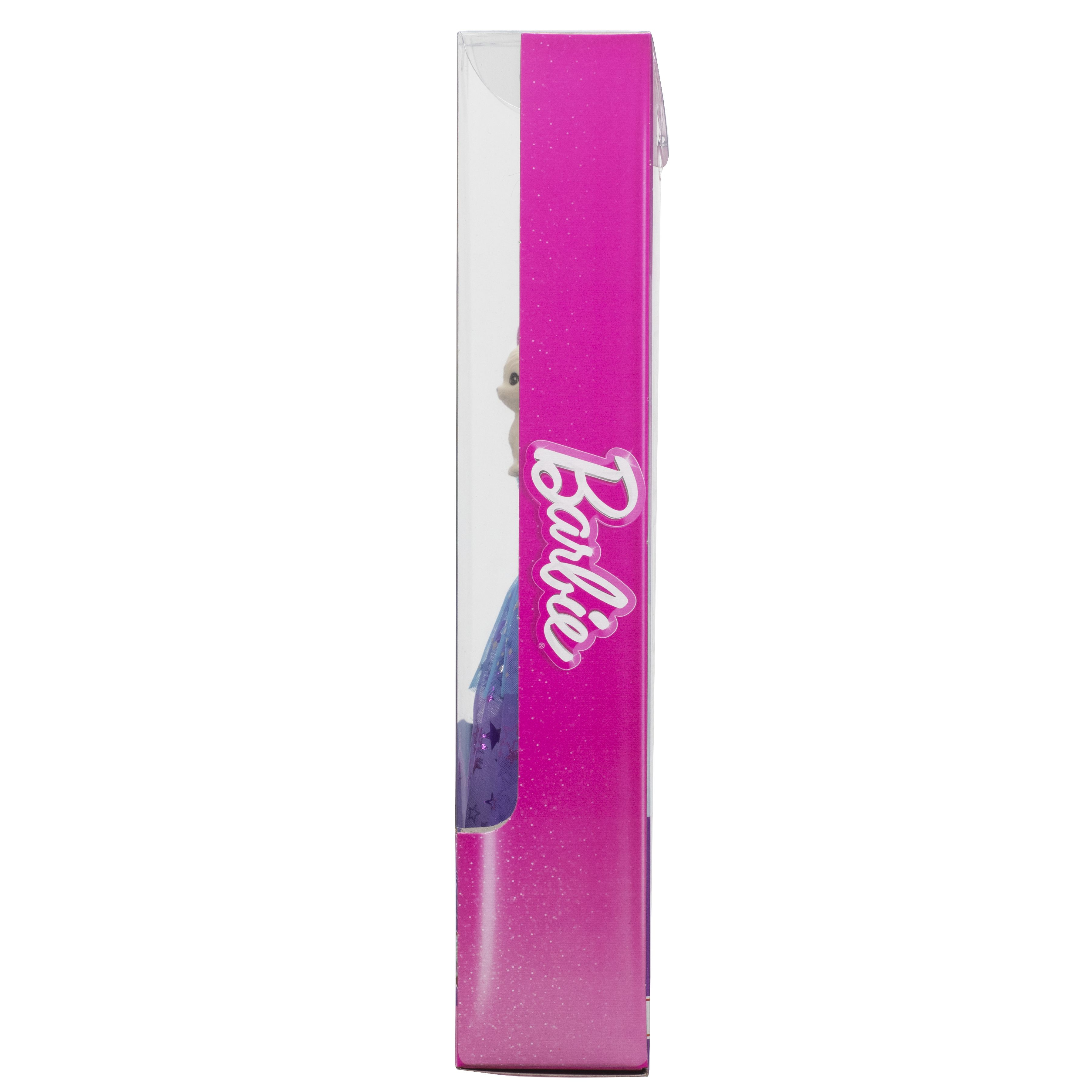 Seitenansicht einer pinken Barbie-Box mit weißem Barbie-Logo.