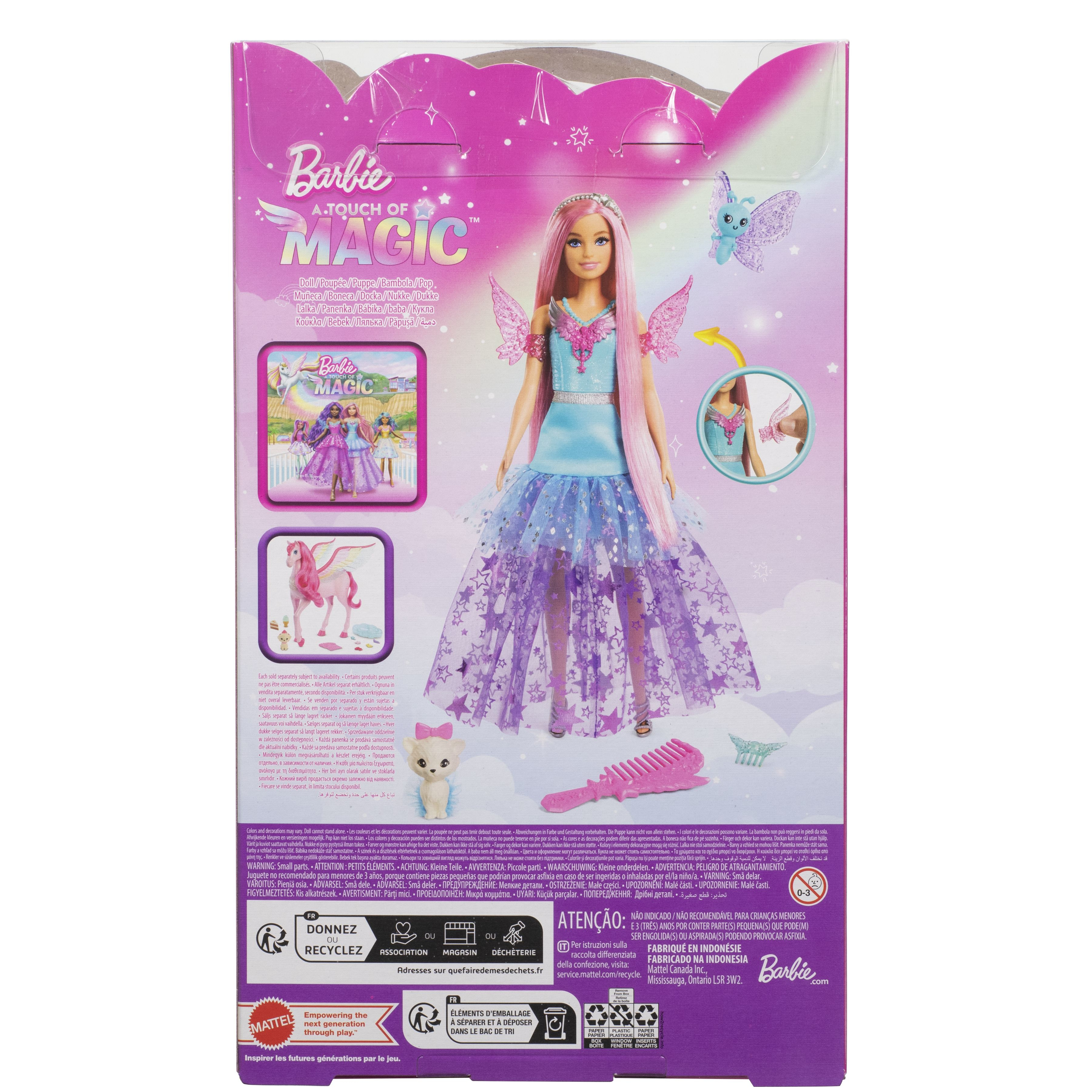 Barbie-Puppen-Verpackung mit pinkem Haar, glitzerndem Kleid, Flügeln, kleinem Hund, Einhorn und Zubehör.